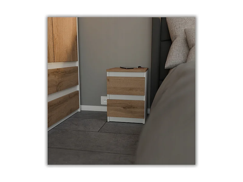 Table de chevet Blanc /  Chêne Wotan 30x30x42CM 2 tiroirs -meuble de nuit pour chambre à coucher