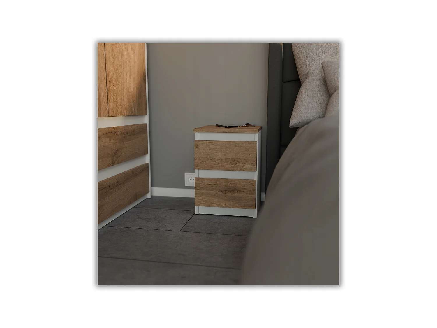 Table de chevet Blanc /  Chêne Wotan 30x30x42CM 2 tiroirs -meuble de nuit pour chambre à coucher