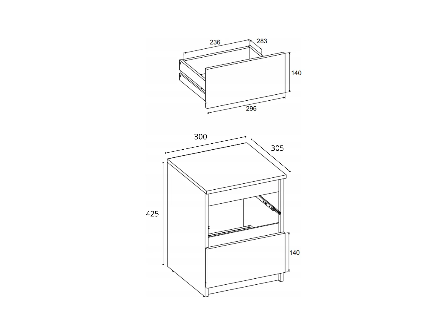 Table de chevet Blanc /  Chêne Wotan 30x30x42CM 2 tiroirs -meuble de nuit pour chambre à coucher
