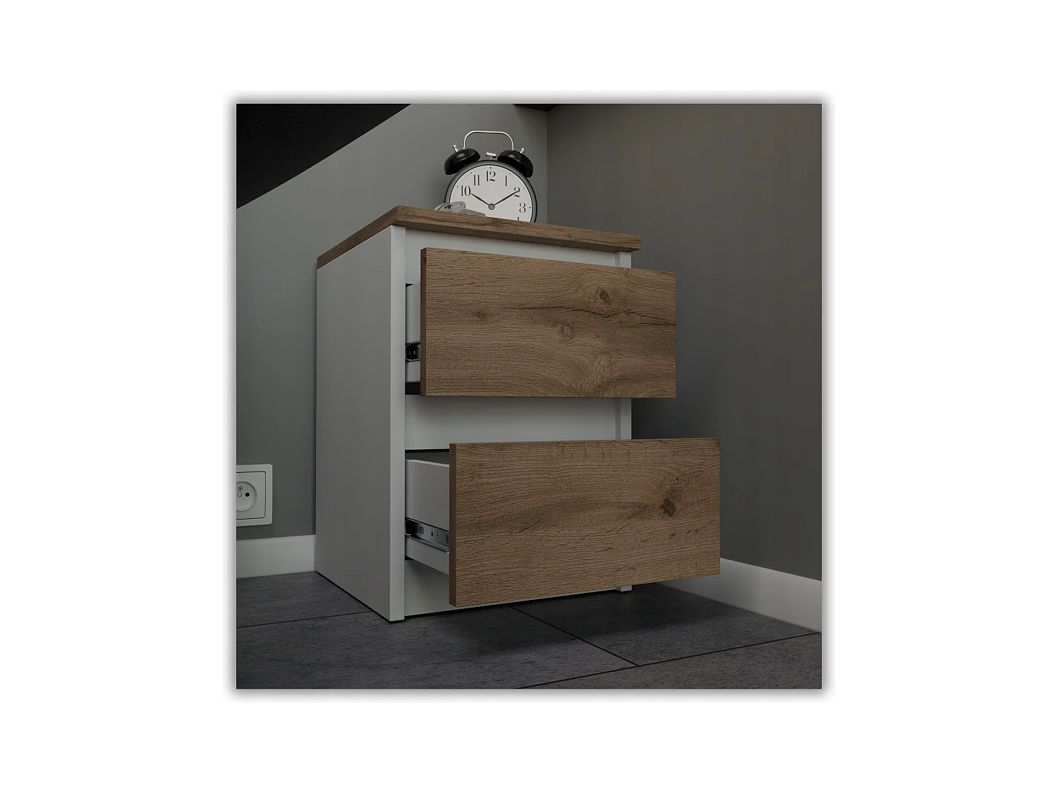 Table de chevet Blanc /  Chêne Wotan 30x30x42CM 2 tiroirs -meuble de nuit pour chambre à coucher