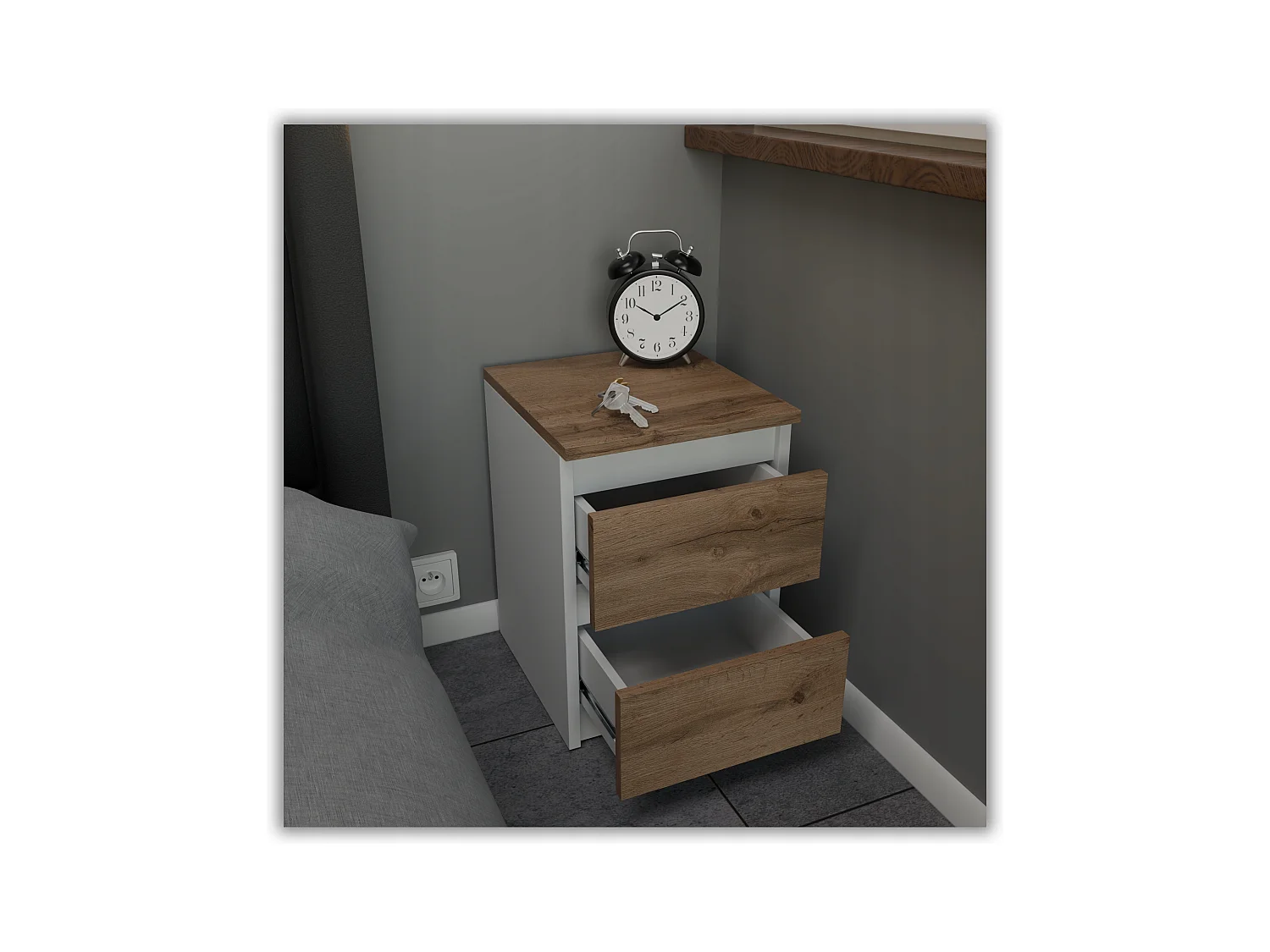 Table de chevet Blanc /  Chêne Wotan 30x30x42CM 2 tiroirs -meuble de nuit pour chambre à coucher