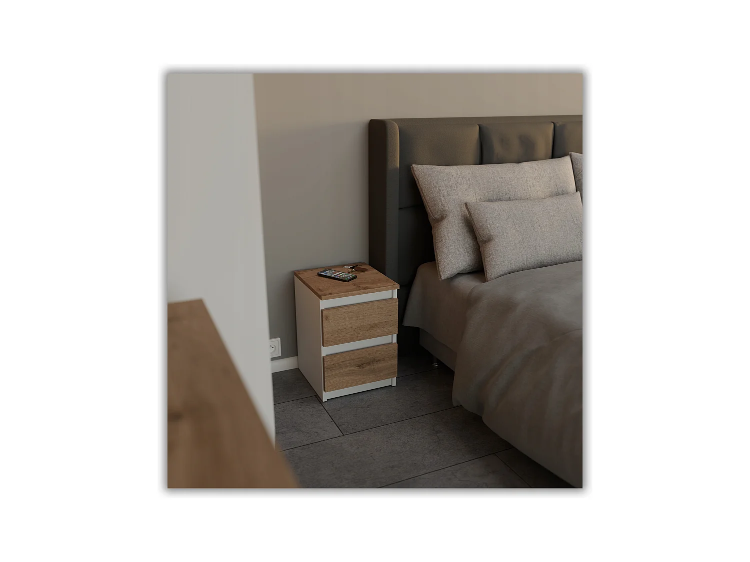 Table de chevet Blanc /  Chêne Wotan 30x30x42CM 2 tiroirs -meuble de nuit pour chambre à coucher