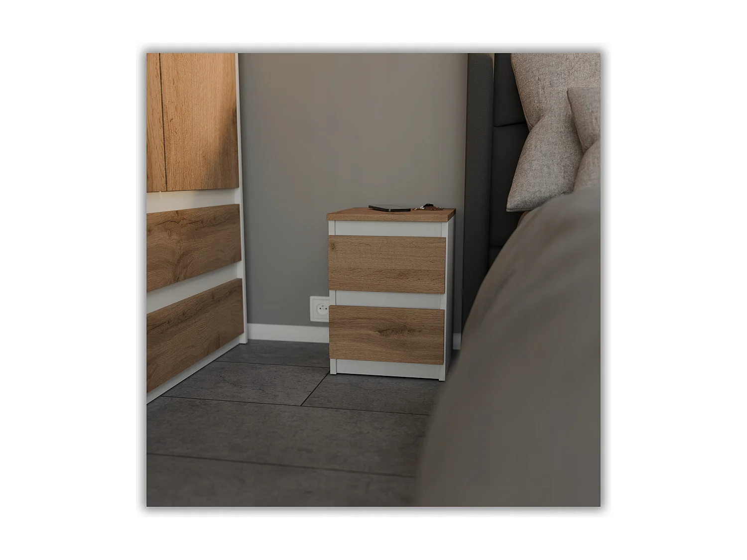 Table de chevet Blanc /  Chêne Wotan 30x30x42CM 2 tiroirs -meuble de nuit pour chambre à coucher