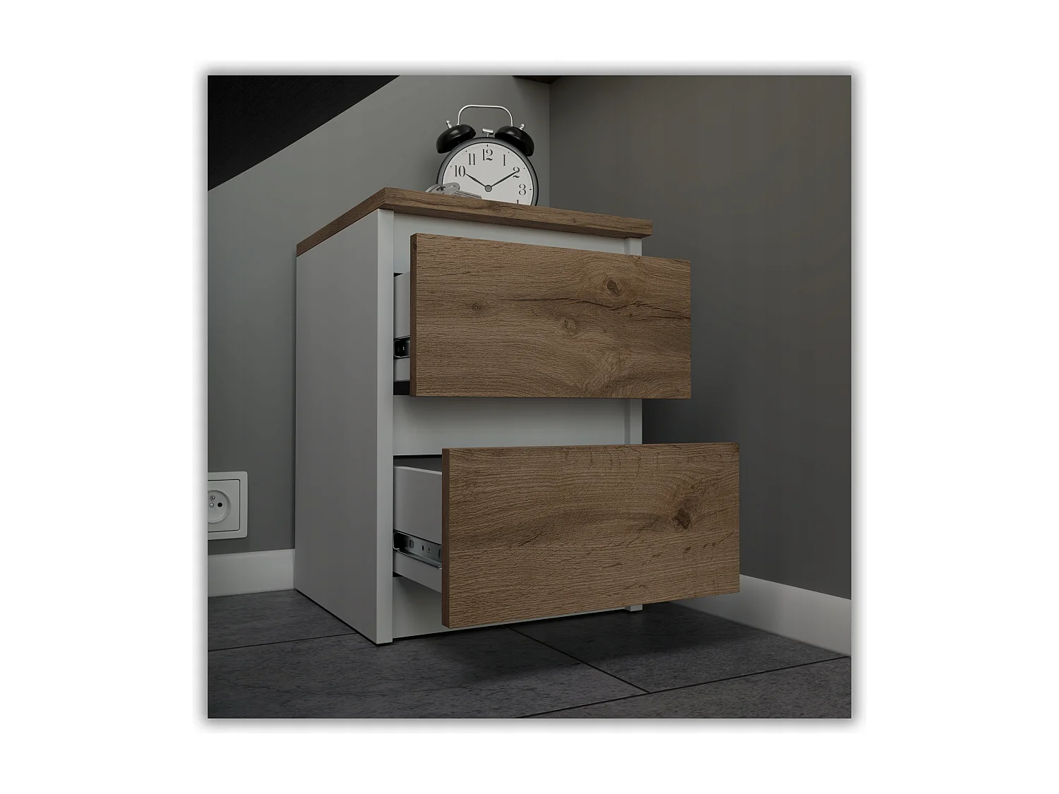 Table de chevet Blanc /  Chêne Wotan 30x30x42CM 2 tiroirs -meuble de nuit pour chambre à coucher