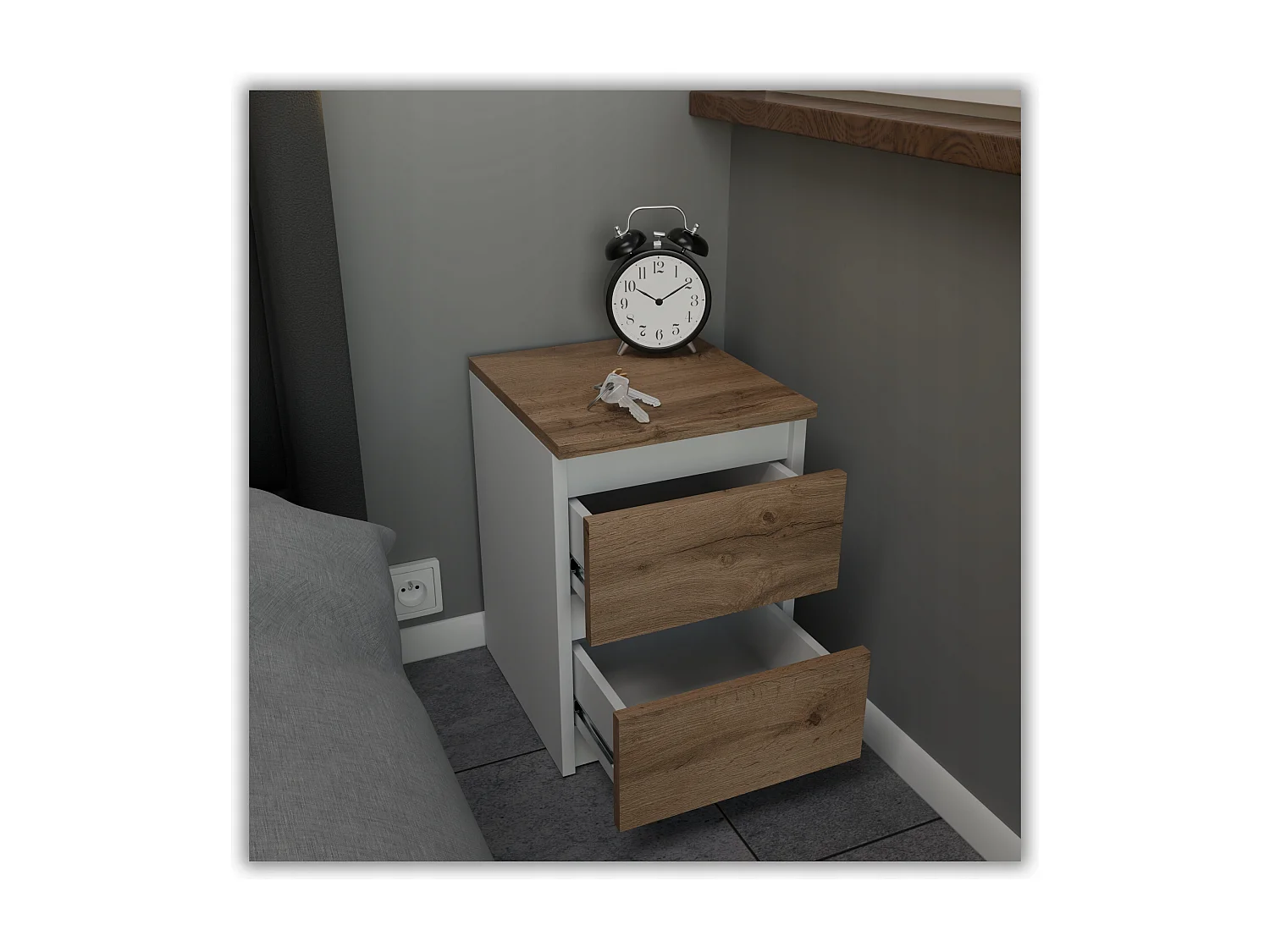 Table de chevet Blanc /  Chêne Wotan 30x30x42CM 2 tiroirs -meuble de nuit pour chambre à coucher