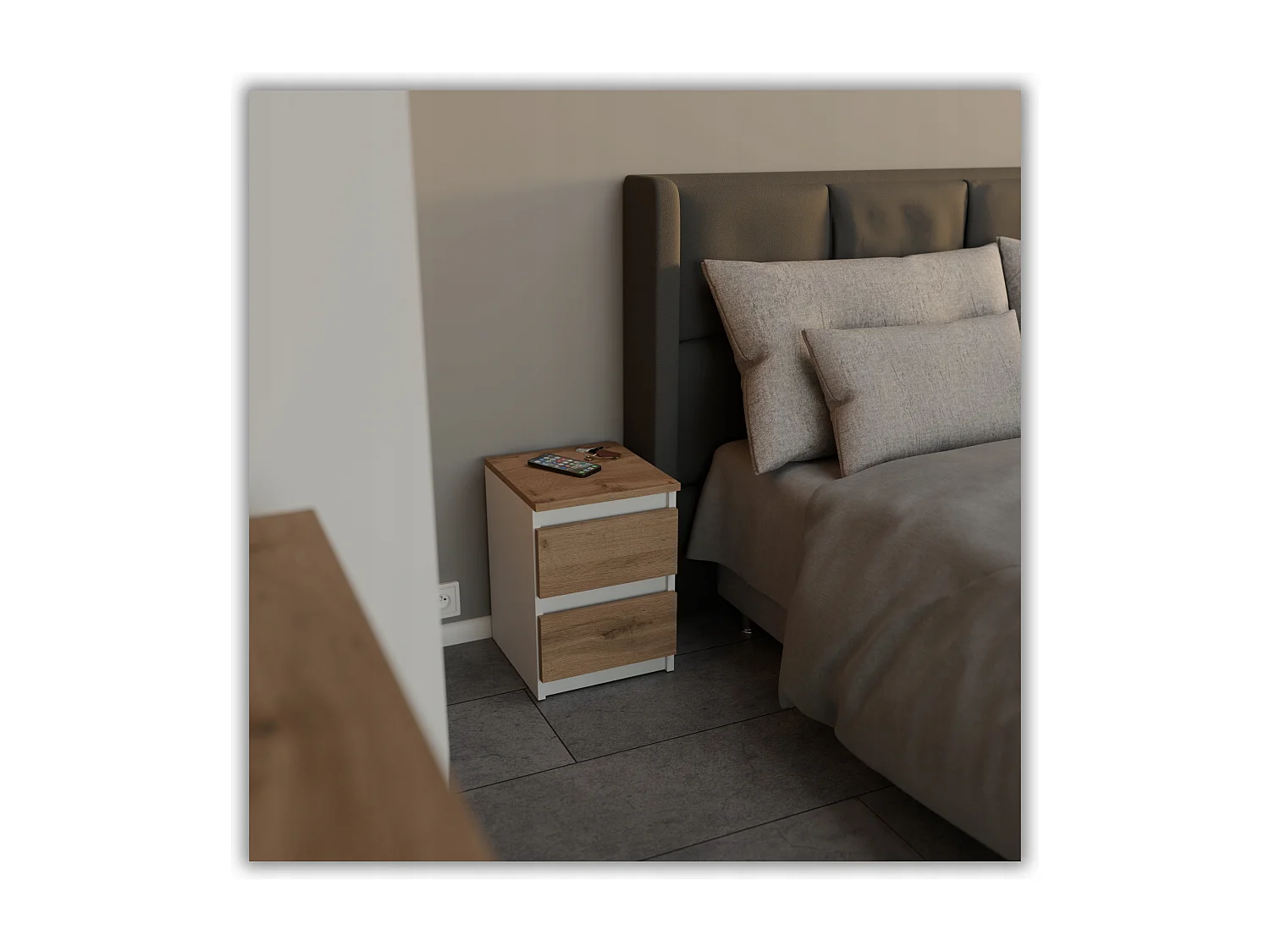 Table de chevet Blanc /  Chêne Wotan 30x30x42CM 2 tiroirs -meuble de nuit pour chambre à coucher