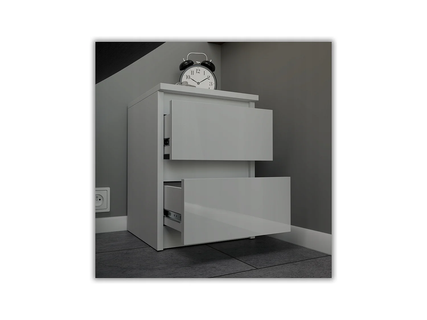 Table de chevet Blanc brillant 30x30x42CM 2 tiroirs-meuble de nuit pour chambre à coucher loft