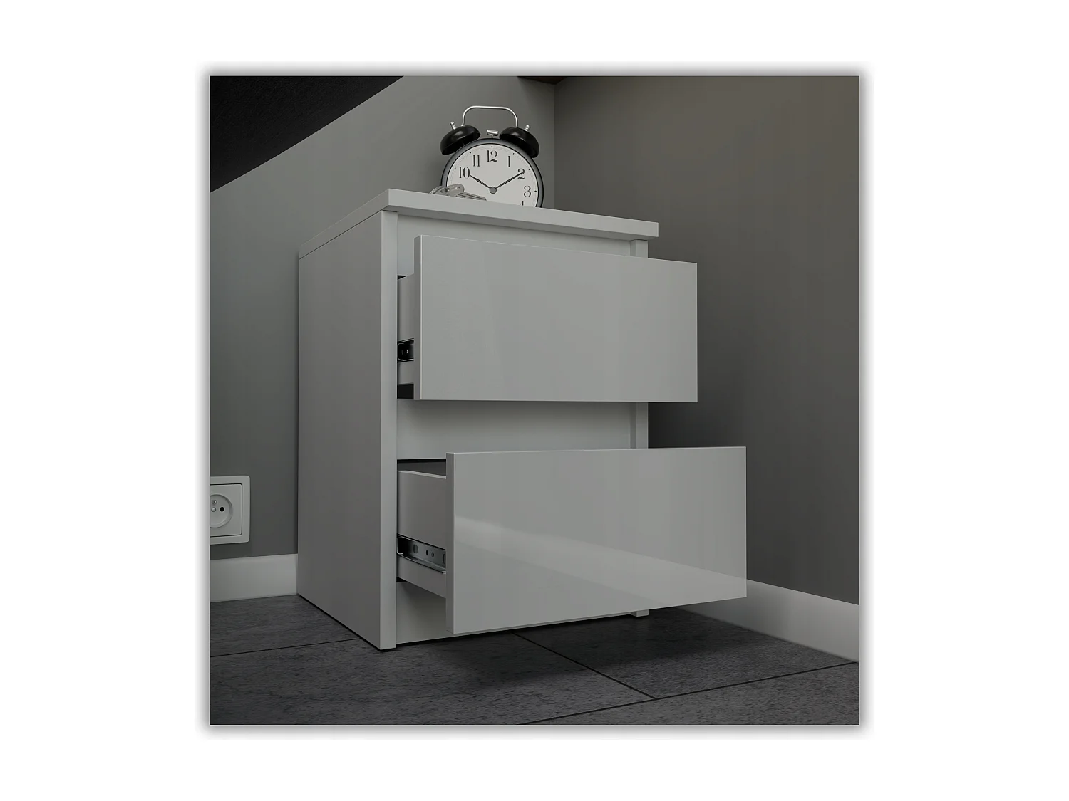 Table de chevet Blanc brillant 30x30x42CM 2 tiroirs-meuble de nuit pour chambre à coucher loft