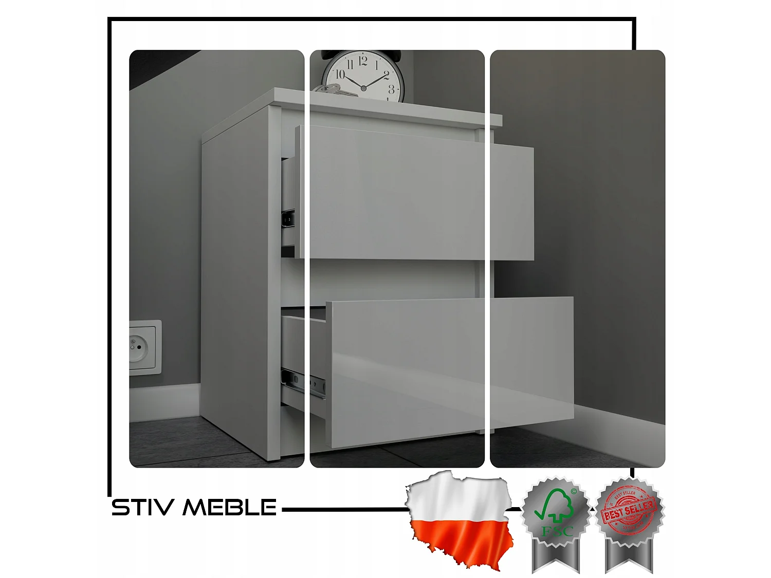 Szafka Nocna Stiv-Meble 2 Szuflady 30 CM Stolik Cały Biały Połysk 30x30x40 CM 1szt.