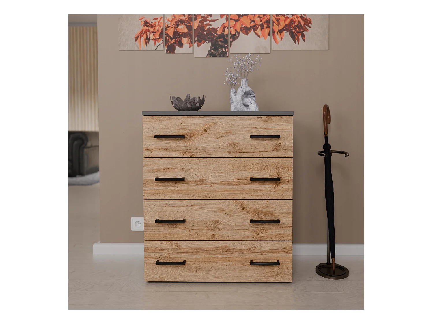 Armoire à chaussures en Gris +chêne wotan 71x82,9x35 cm – meuble de rangement avec 4 étagères