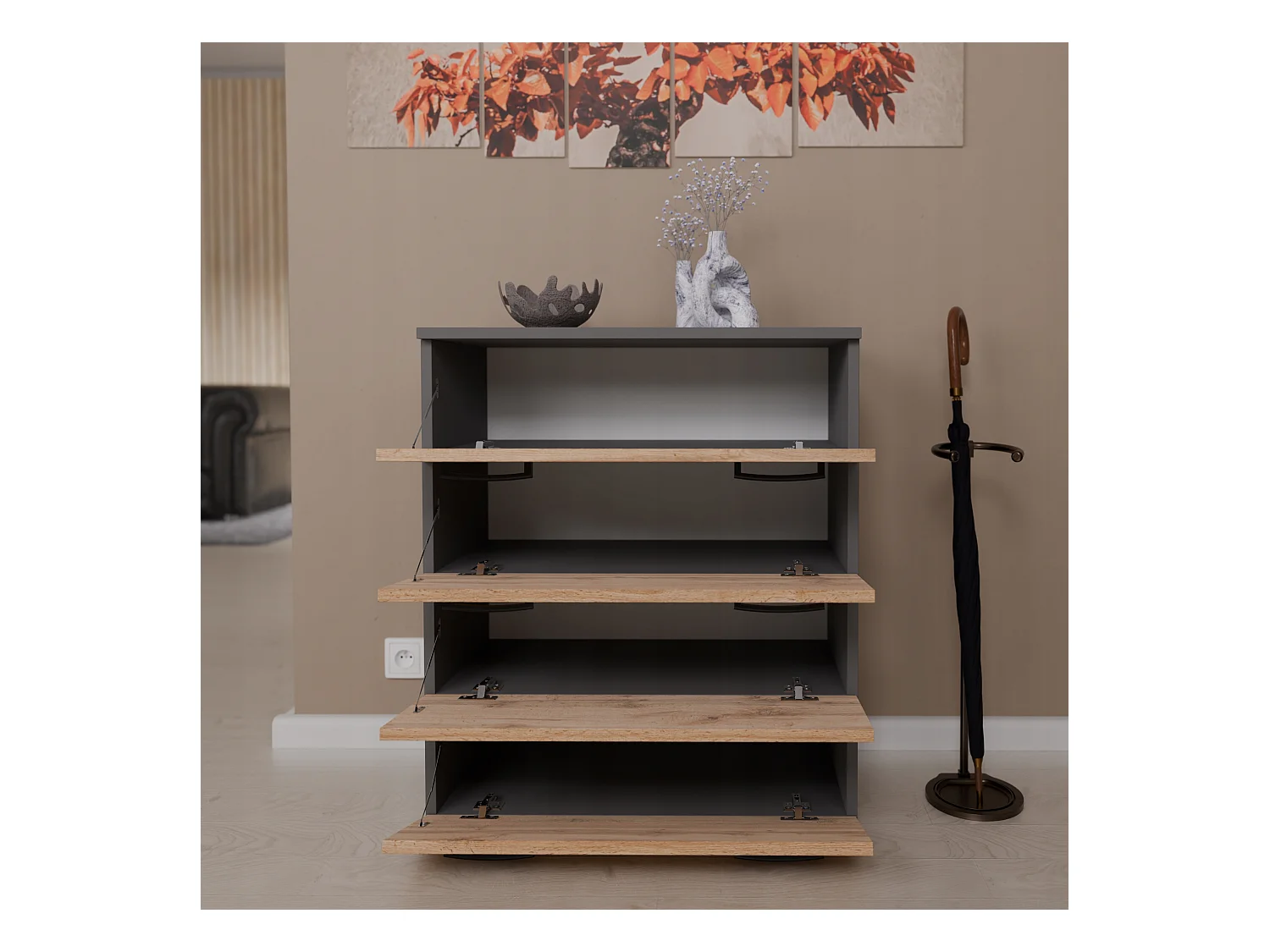 Armoire à chaussures en Gris +chêne wotan 71x82,9x35 cm – meuble de rangement avec 4 étagères