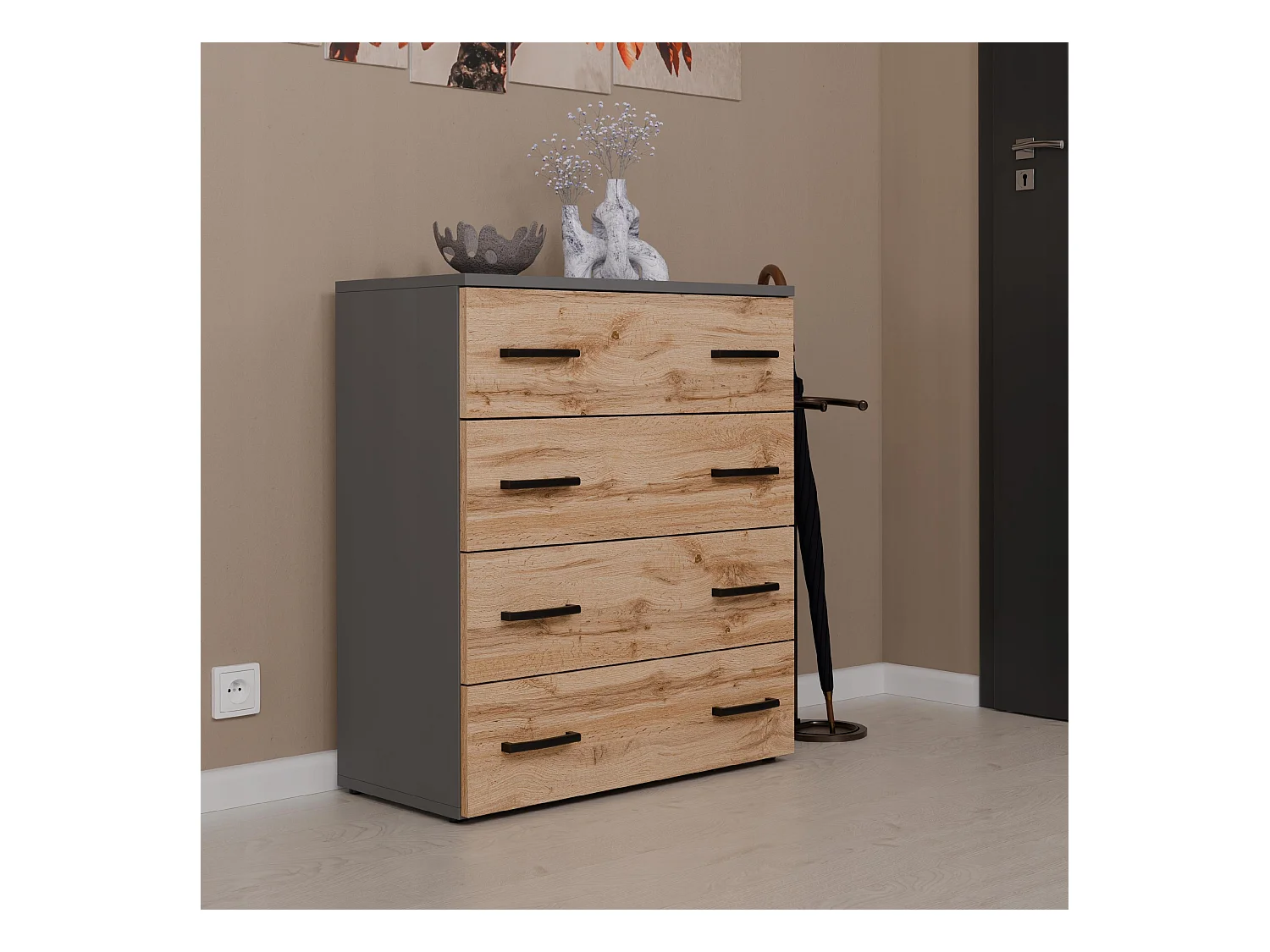 Armoire à chaussures en Gris +chêne wotan 71x82,9x35 cm – meuble de rangement avec 4 étagères