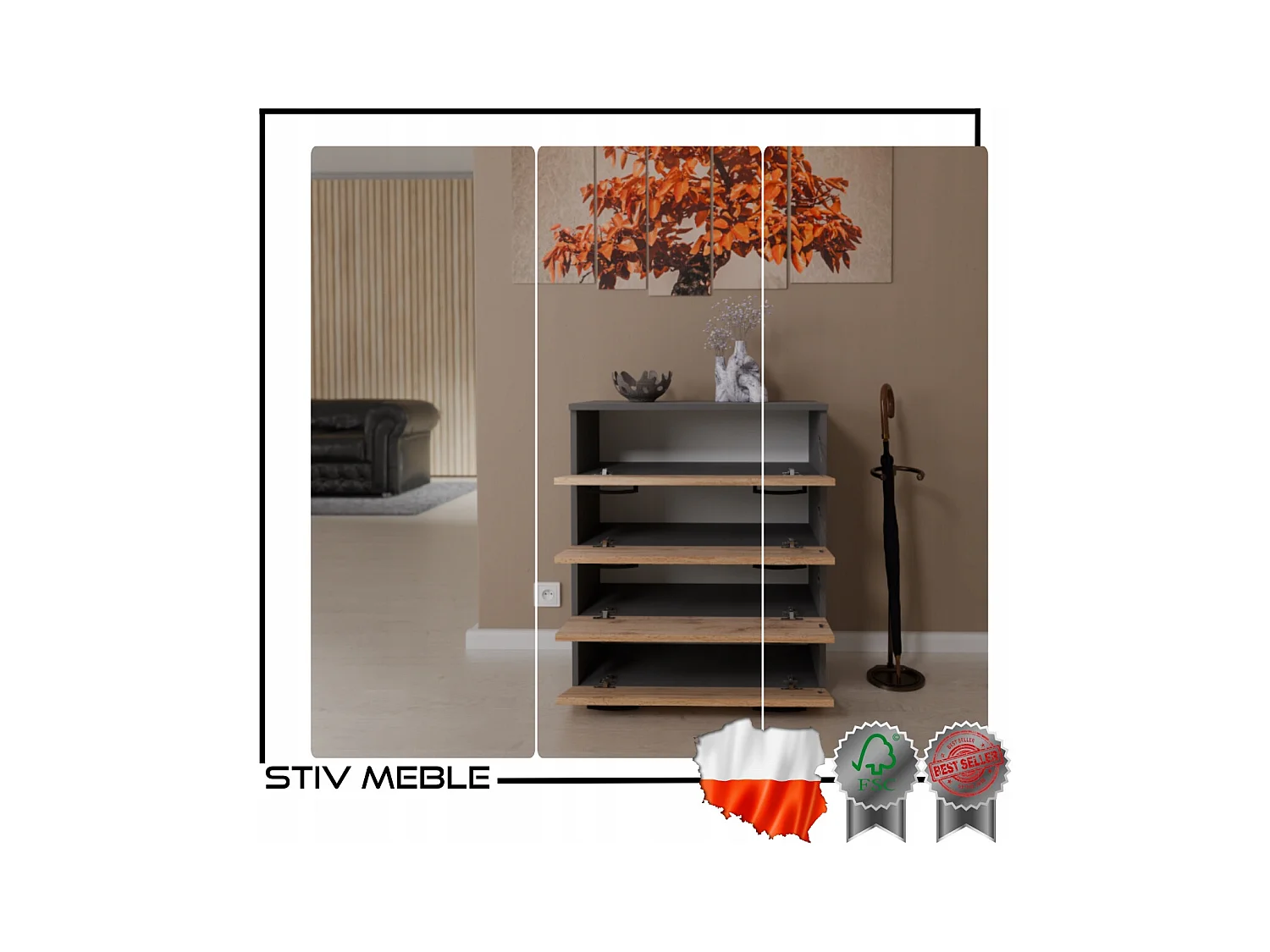 Armoire à chaussures en Gris +chêne wotan 71x82,9x35 cm – meuble de rangement avec 4 étagères