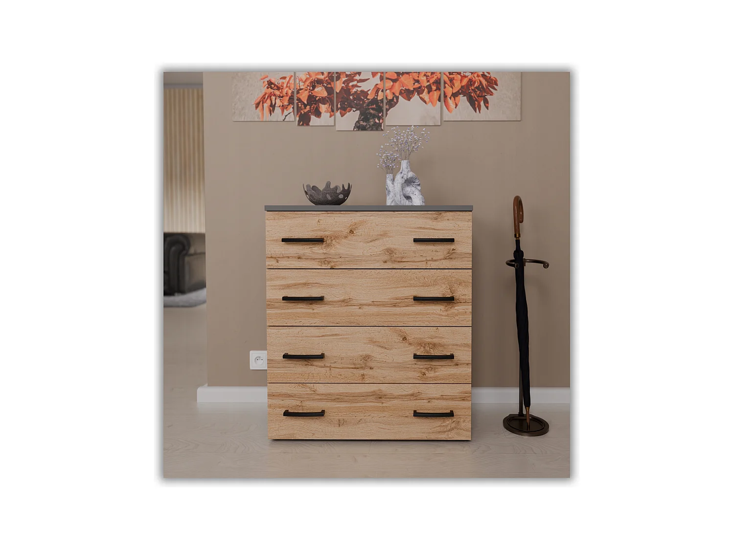 Armoire à chaussures en Gris +chêne wotan 71x82,9x35 cm – meuble de rangement avec 4 étagères