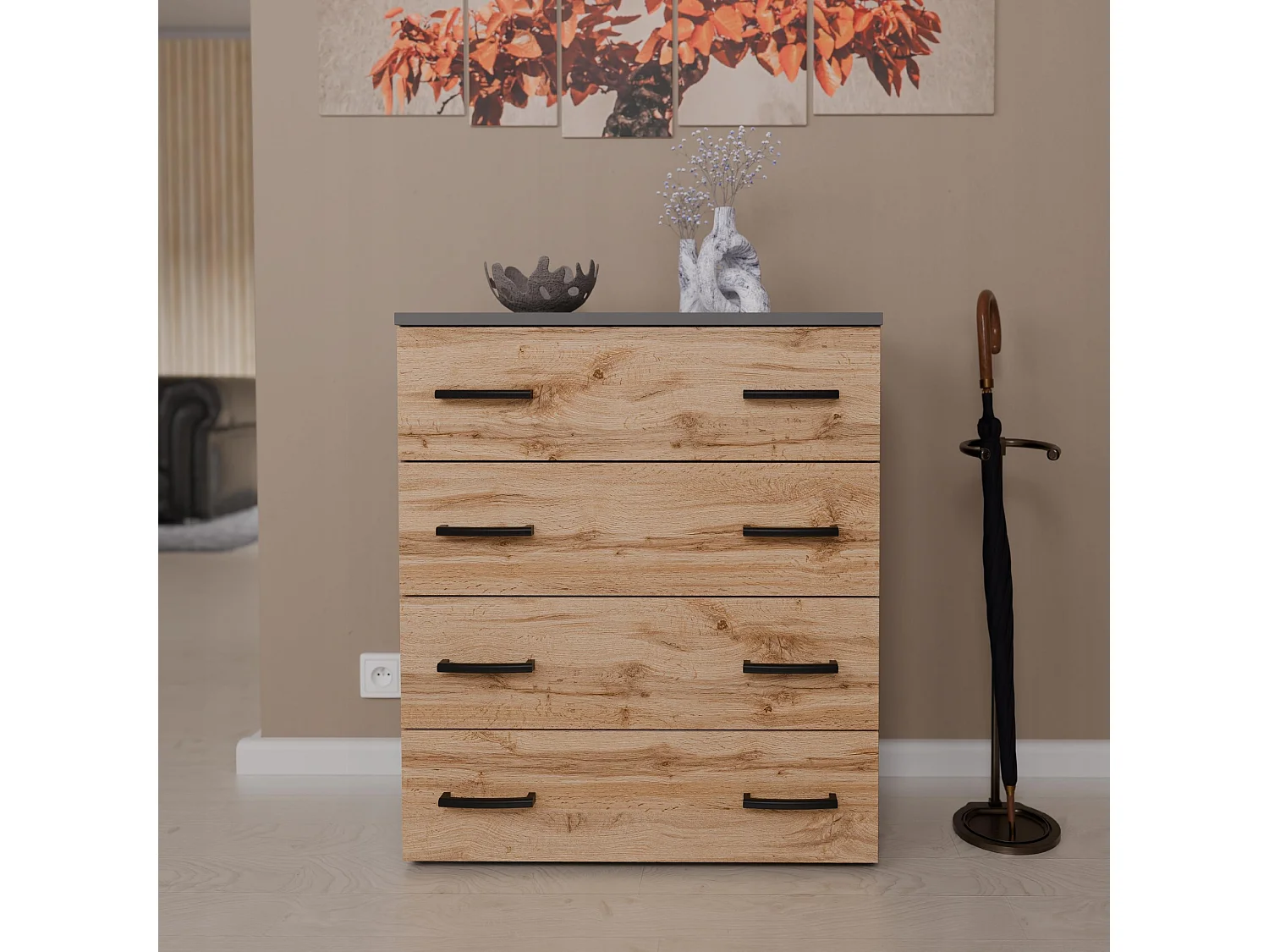 Armoire à chaussures en Gris +chêne wotan 71x82,9x35 cm – meuble de rangement avec 4 étagères