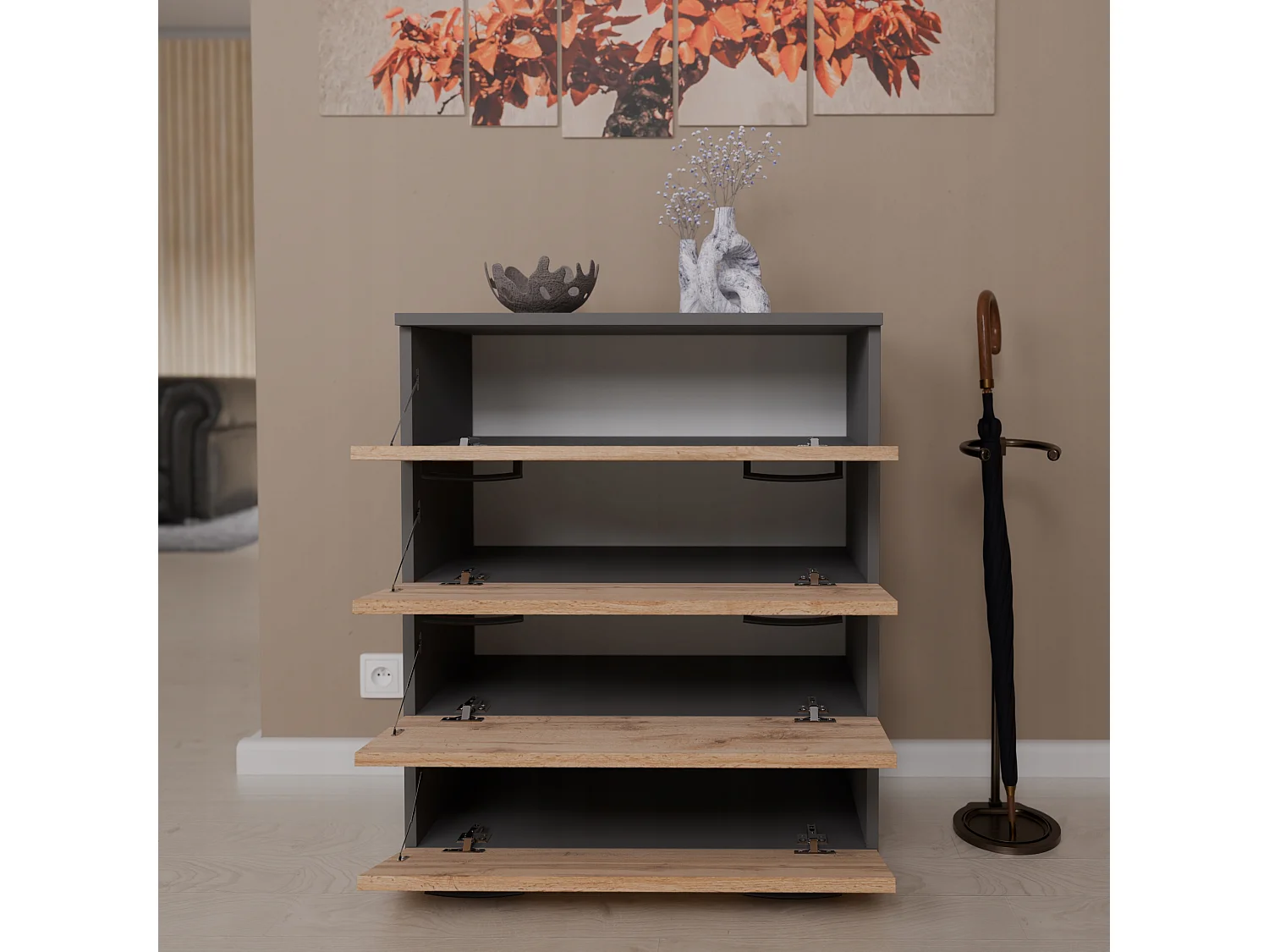 Armoire à chaussures en Gris +chêne wotan 71x82,9x35 cm – meuble de rangement avec 4 étagères