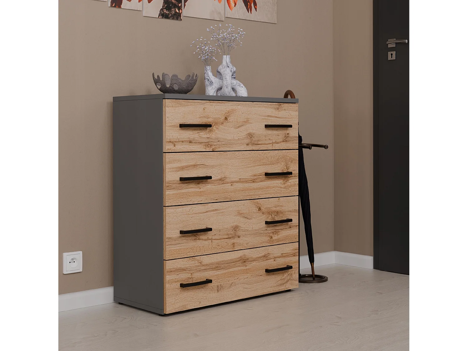 Armoire à chaussures en Gris +chêne wotan 71x82,9x35 cm – meuble de rangement avec 4 étagères