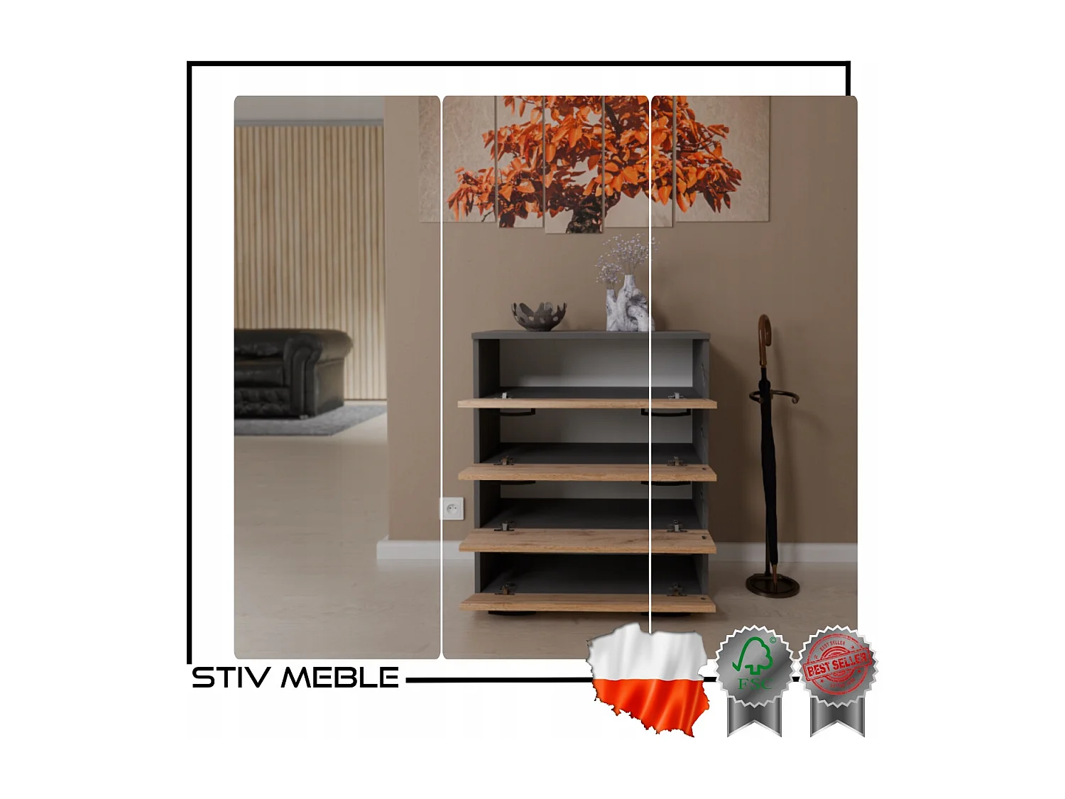 Armoire à chaussures en Gris +chêne wotan 71x82,9x35 cm – meuble de rangement avec 4 étagères