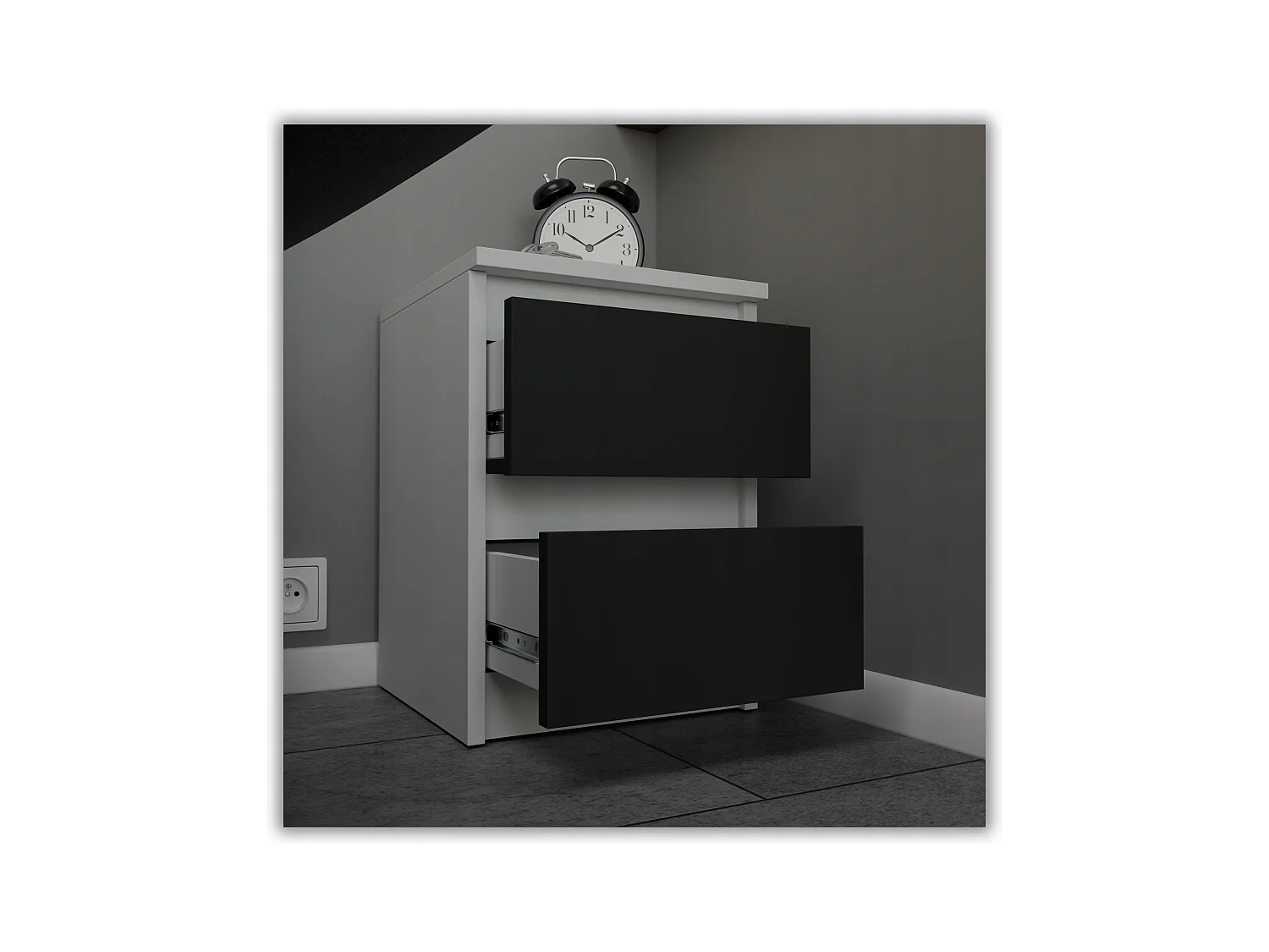 Table de chevet Blanc + Noir  30x30x42CM 2 tiroirs-meuble de nuit pour chambre à coucher loft