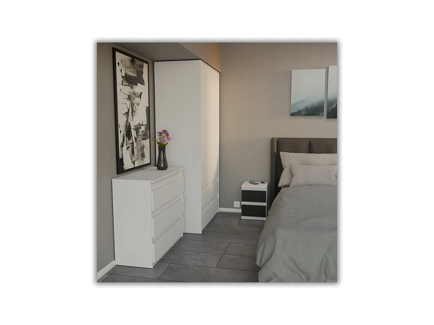 Table de chevet Blanc + Noir  30x30x42CM 2 tiroirs-meuble de nuit pour chambre à coucher loft