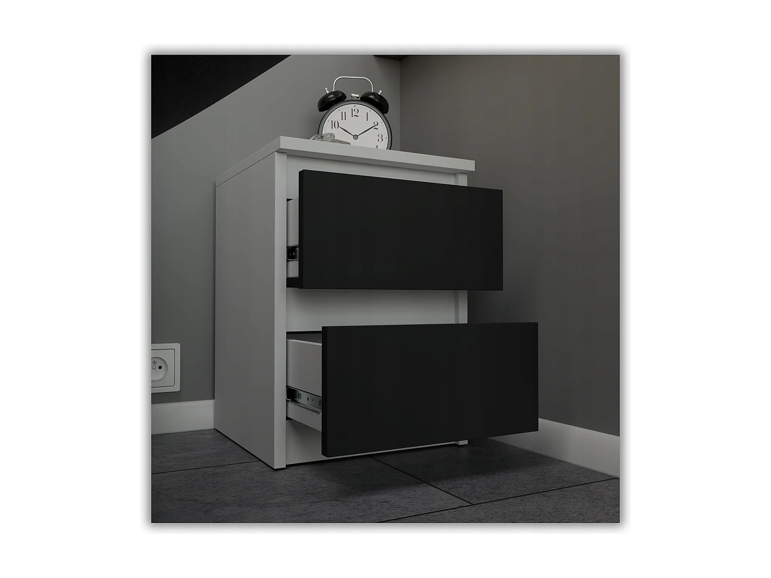 Table de chevet Blanc + Noir  30x30x42CM 2 tiroirs-meuble de nuit pour chambre à coucher loft