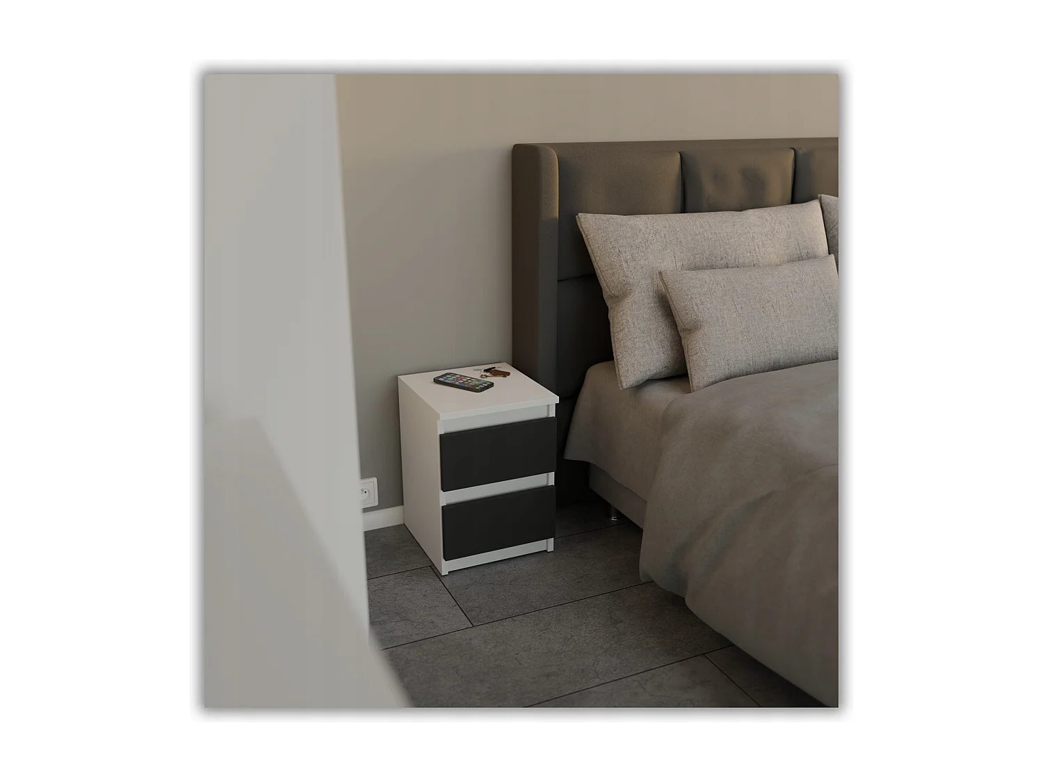 Table de chevet Blanc + Noir  30x30x42CM 2 tiroirs-meuble de nuit pour chambre à coucher loft