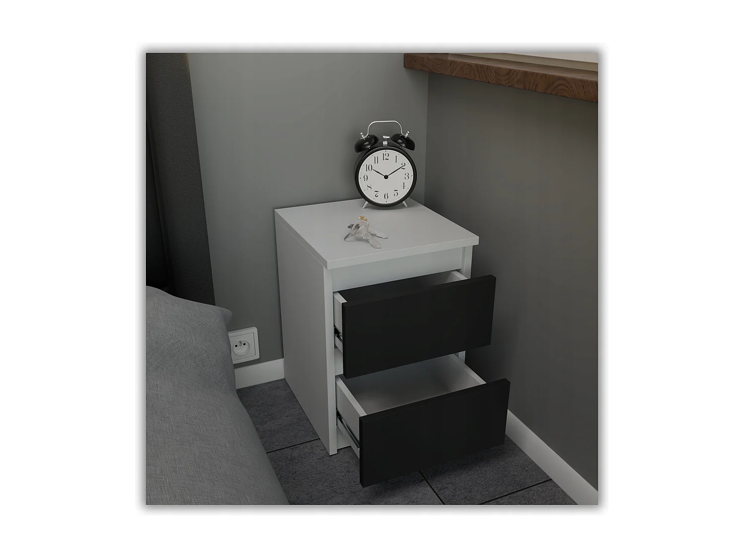 Table de chevet Blanc + Noir  30x30x42CM 2 tiroirs-meuble de nuit pour chambre à coucher loft