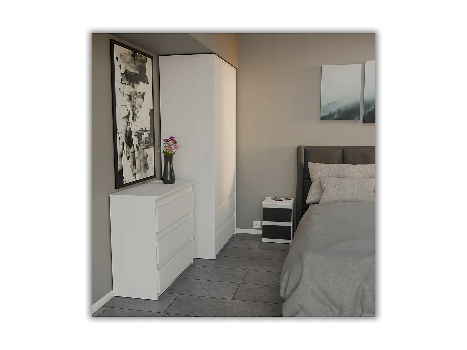 Table de chevet Blanc + Noir  30x30x42CM 2 tiroirs-meuble de nuit pour chambre à coucher loft