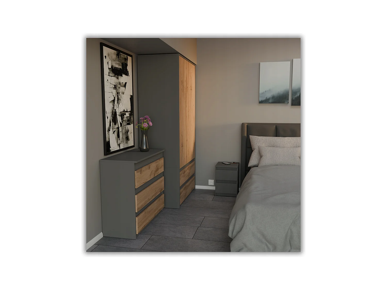 Table de chevet Gris  30x30x42CM 2 tiroirs -meuble de nuit pour chambre à coucher loft