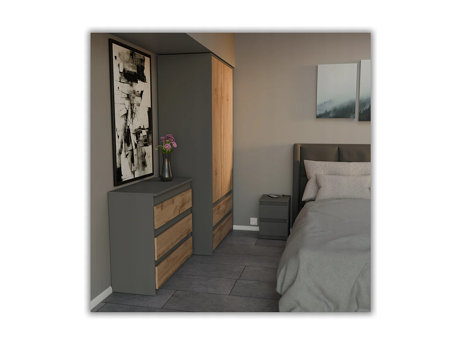 Table de chevet Gris  30x30x42CM 2 tiroirs -meuble de nuit pour chambre à coucher loft