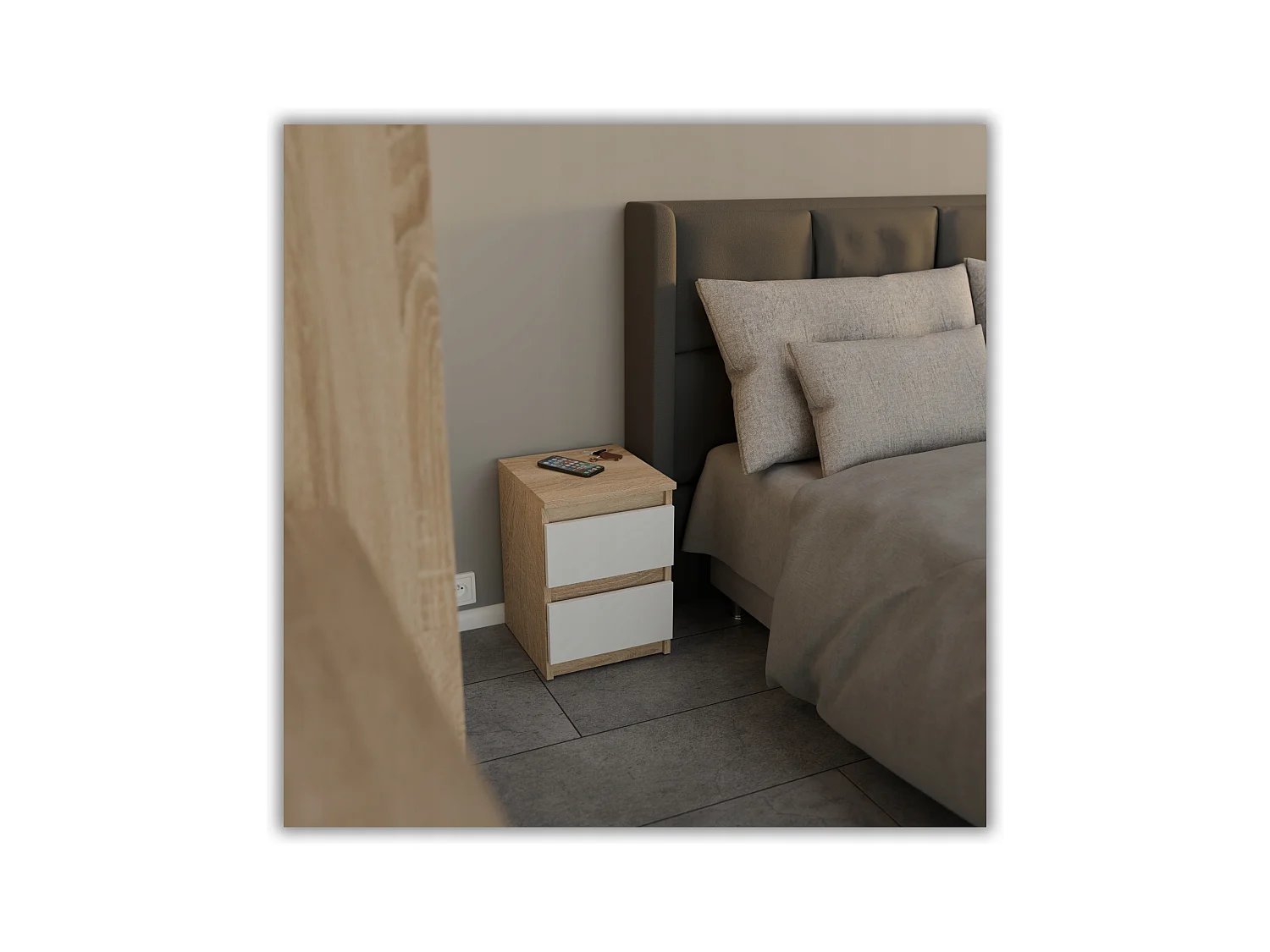 Table de chevet Chêne Sonoma Blanc mat 30x30x42CM 2 tiroirs-meuble de nuit pour chambre à coucher loft