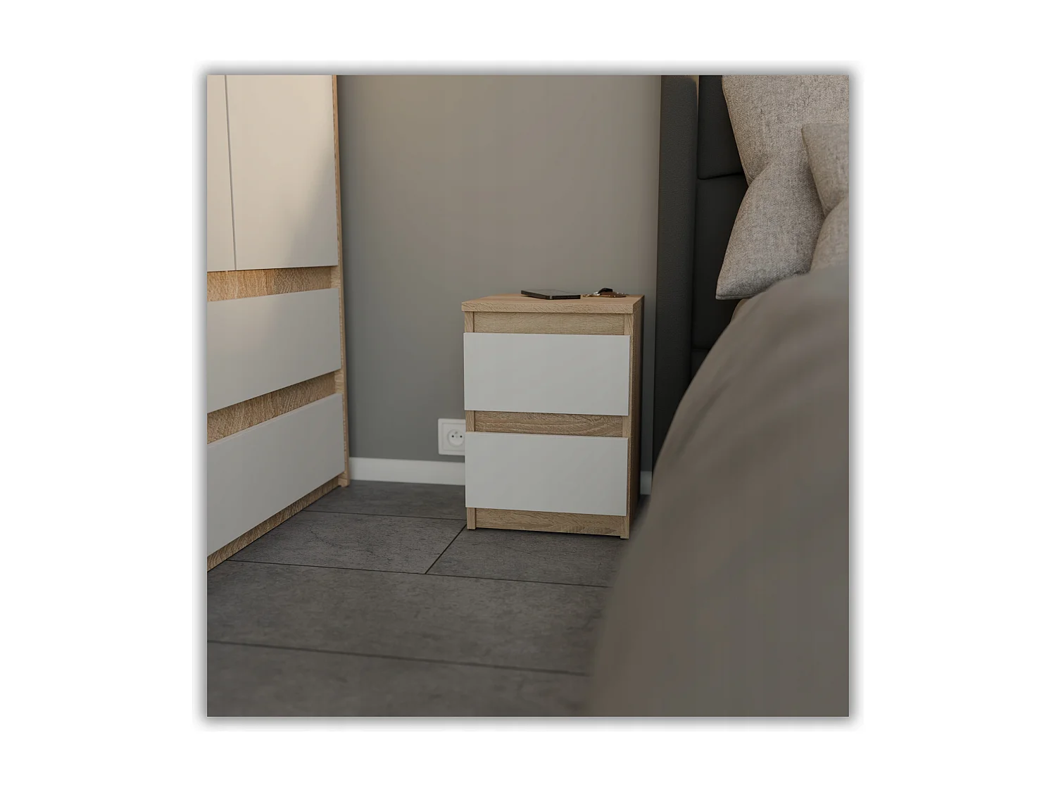 Table de chevet Chêne Sonoma Blanc mat 30x30x42CM 2 tiroirs-meuble de nuit pour chambre à coucher loft