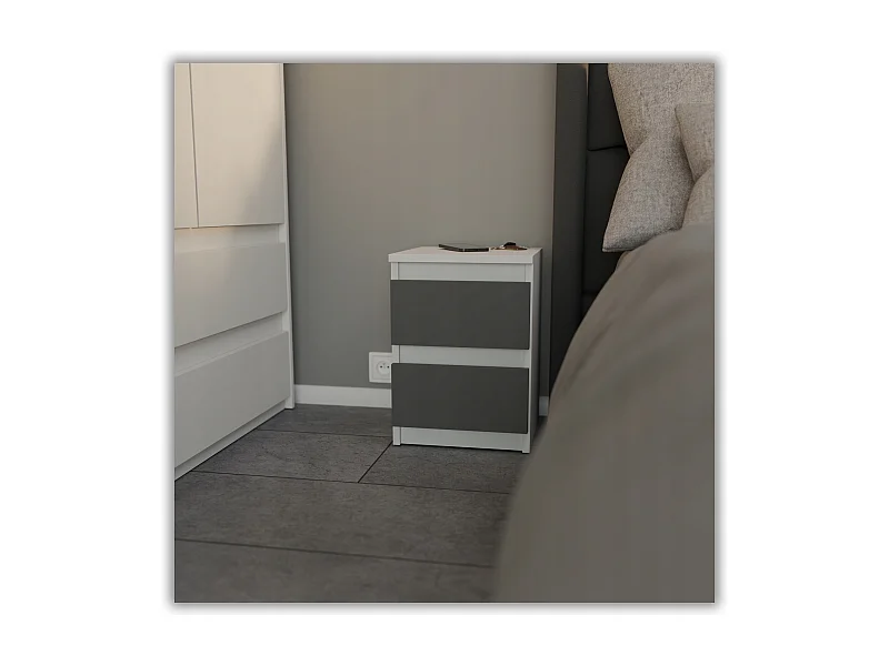 Table de chevet Blanc + Gris 30x30x42CM 2 tiroirs-meuble de nuit pour chambre à coucher loft