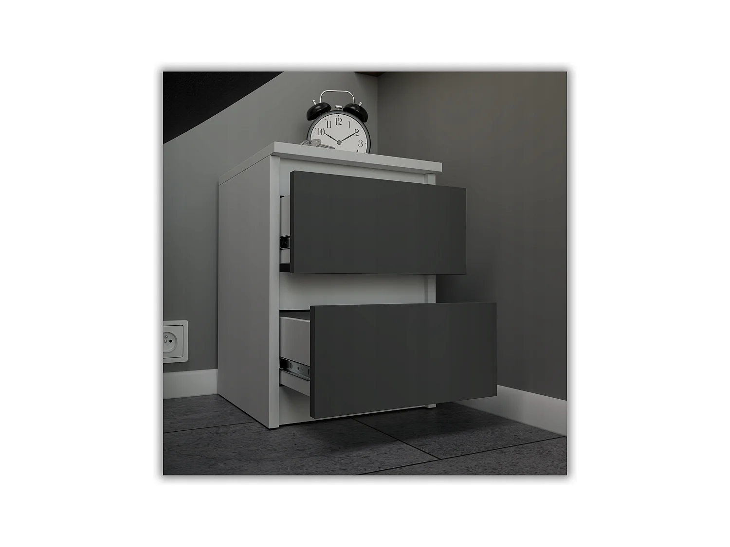 Table de chevet Blanc + Gris 30x30x42CM 2 tiroirs-meuble de nuit pour chambre à coucher loft