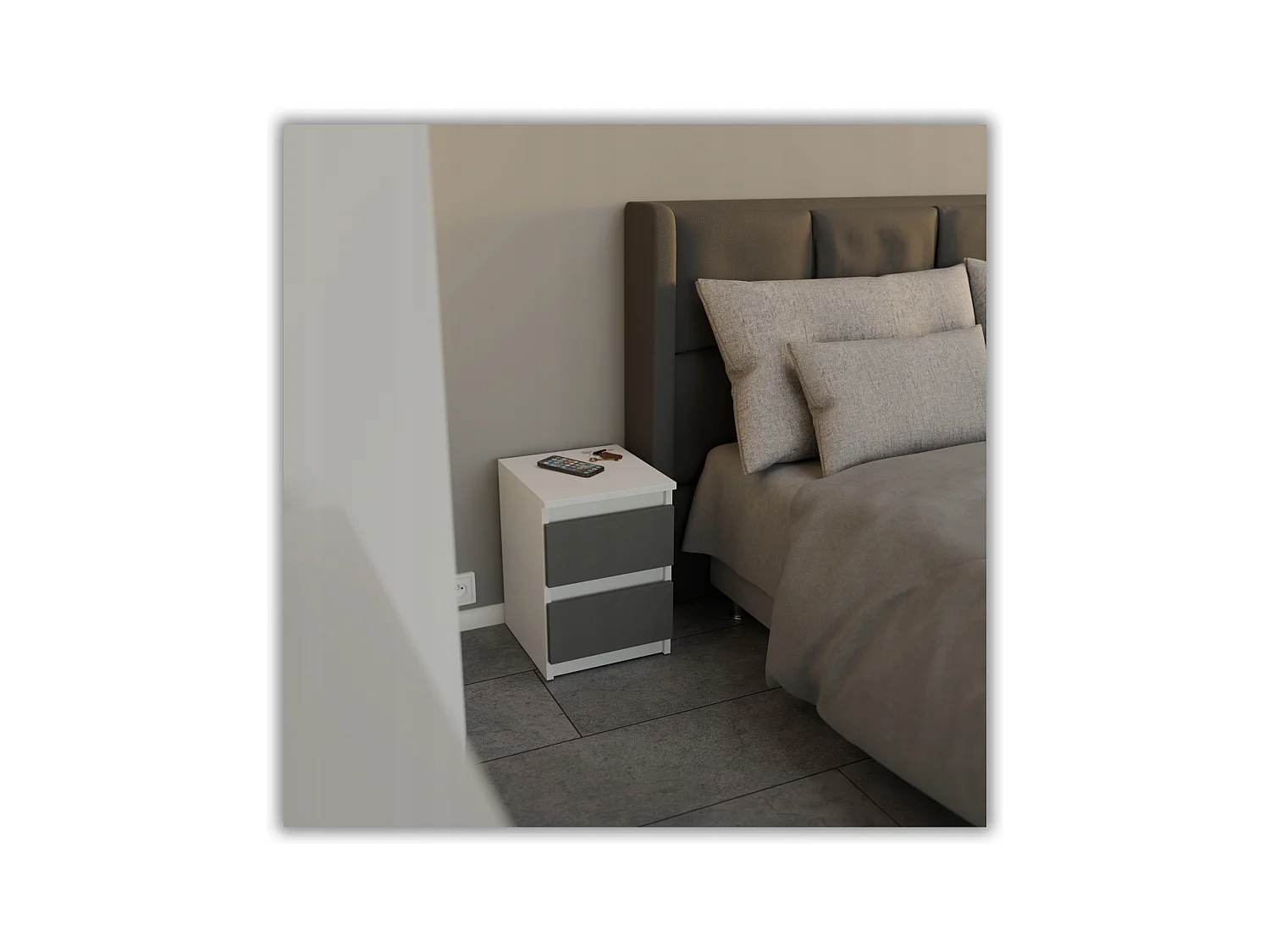 Table de chevet Blanc + Gris 30x30x42CM 2 tiroirs-meuble de nuit pour chambre à coucher loft