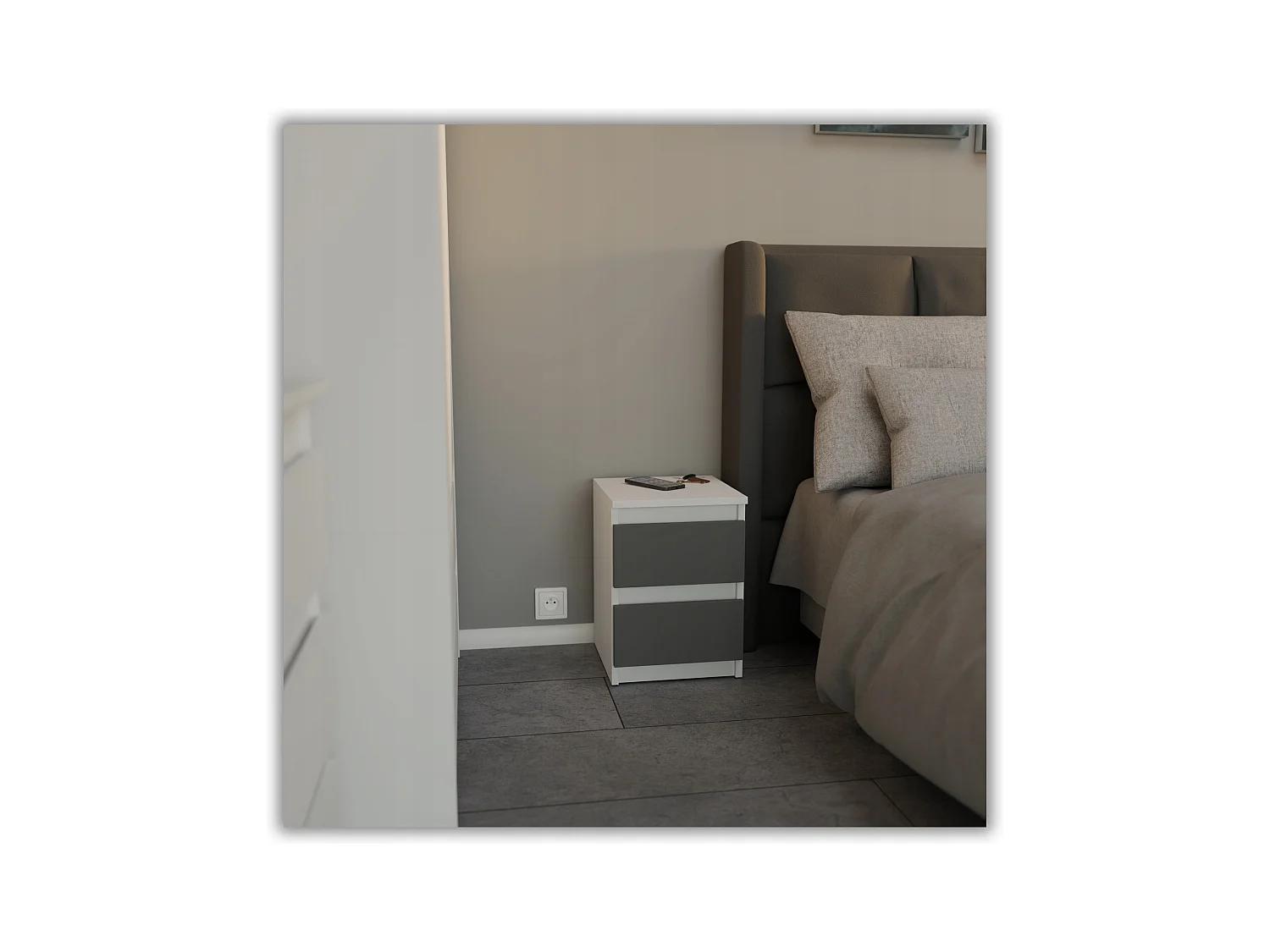 Table de chevet Blanc + Gris 30x30x42CM 2 tiroirs-meuble de nuit pour chambre à coucher loft