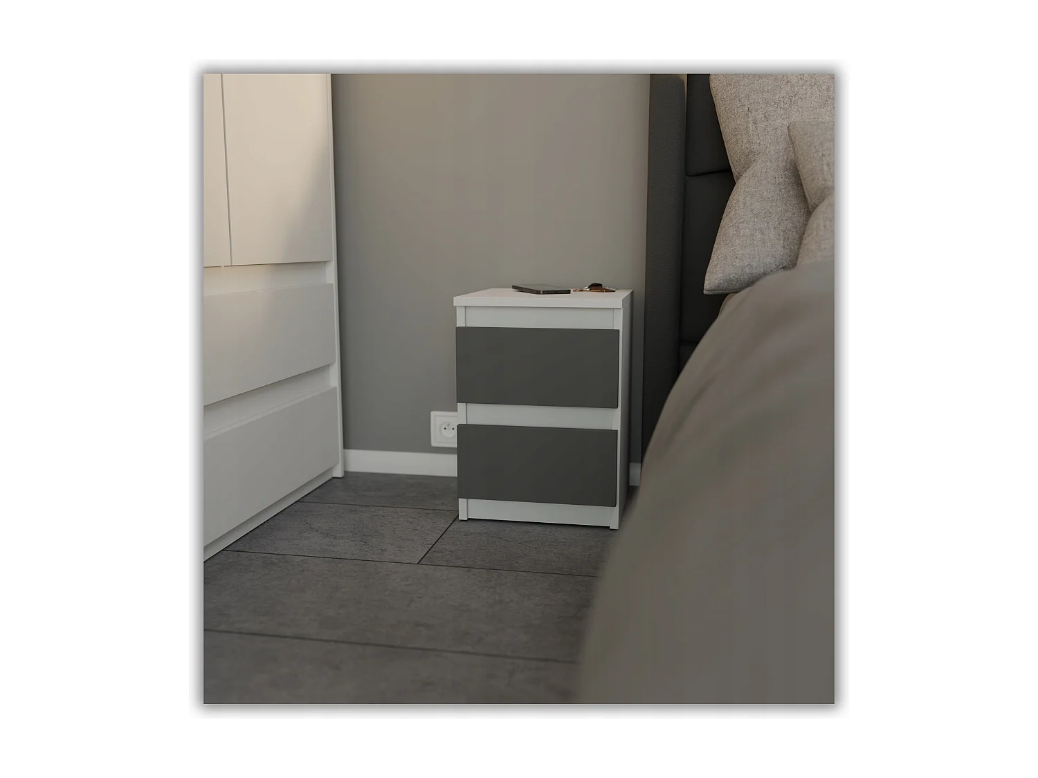 Table de chevet Blanc + Gris 30x30x42CM 2 tiroirs-meuble de nuit pour chambre à coucher loft