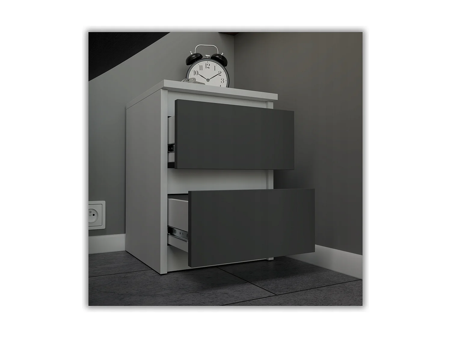 Table de chevet Blanc + Gris 30x30x42CM 2 tiroirs-meuble de nuit pour chambre à coucher loft