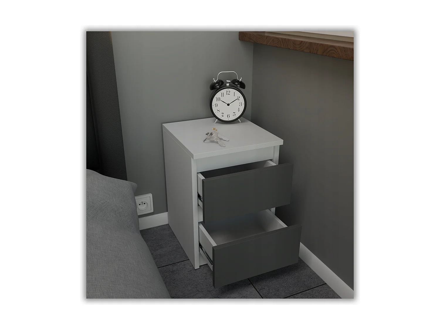 Table de chevet Blanc + Gris 30x30x42CM 2 tiroirs-meuble de nuit pour chambre à coucher loft