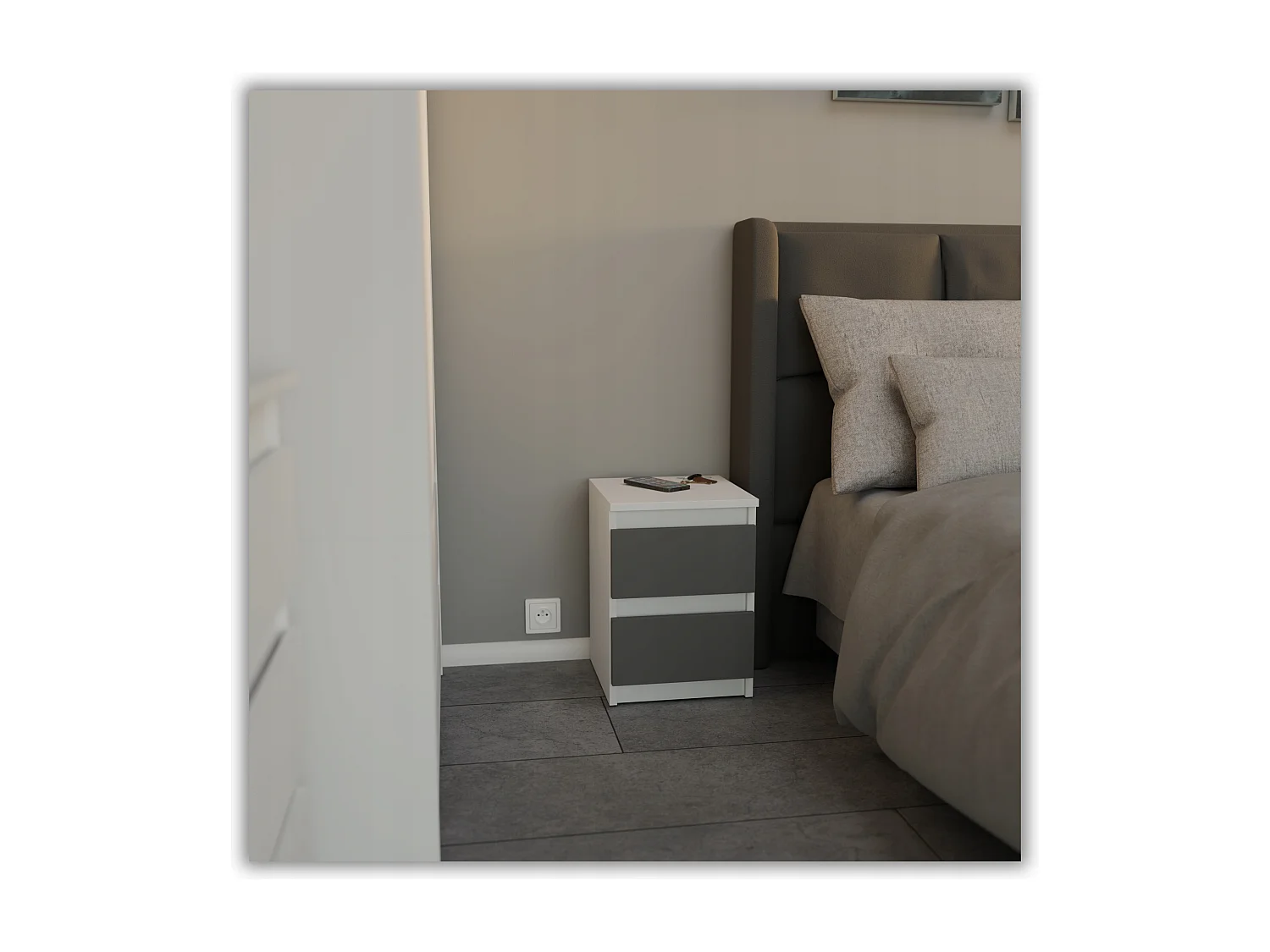 Table de chevet Blanc + Gris 30x30x42CM 2 tiroirs-meuble de nuit pour chambre à coucher loft
