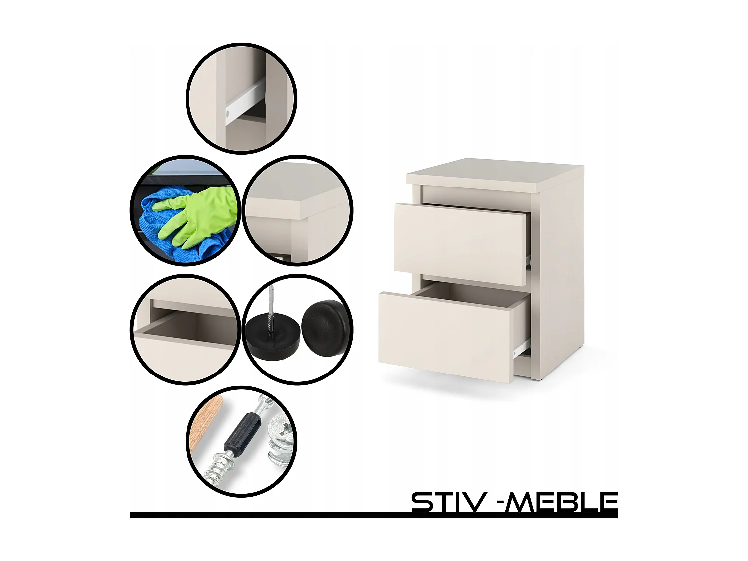 Table de chevet Cachemire  30x30x42CM 2 tiroirs-meuble de nuit pour chambre à coucher