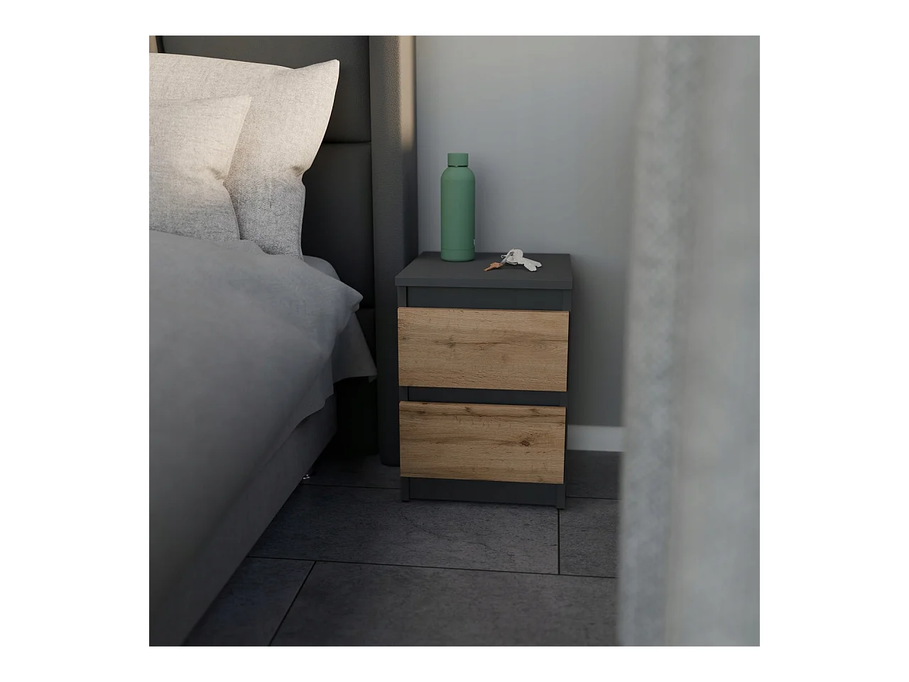 Table de chevet Gris/ Chêne Wotan 30x30x42CM 2 tiroirs-meuble de nuit pour chambre à coucher
