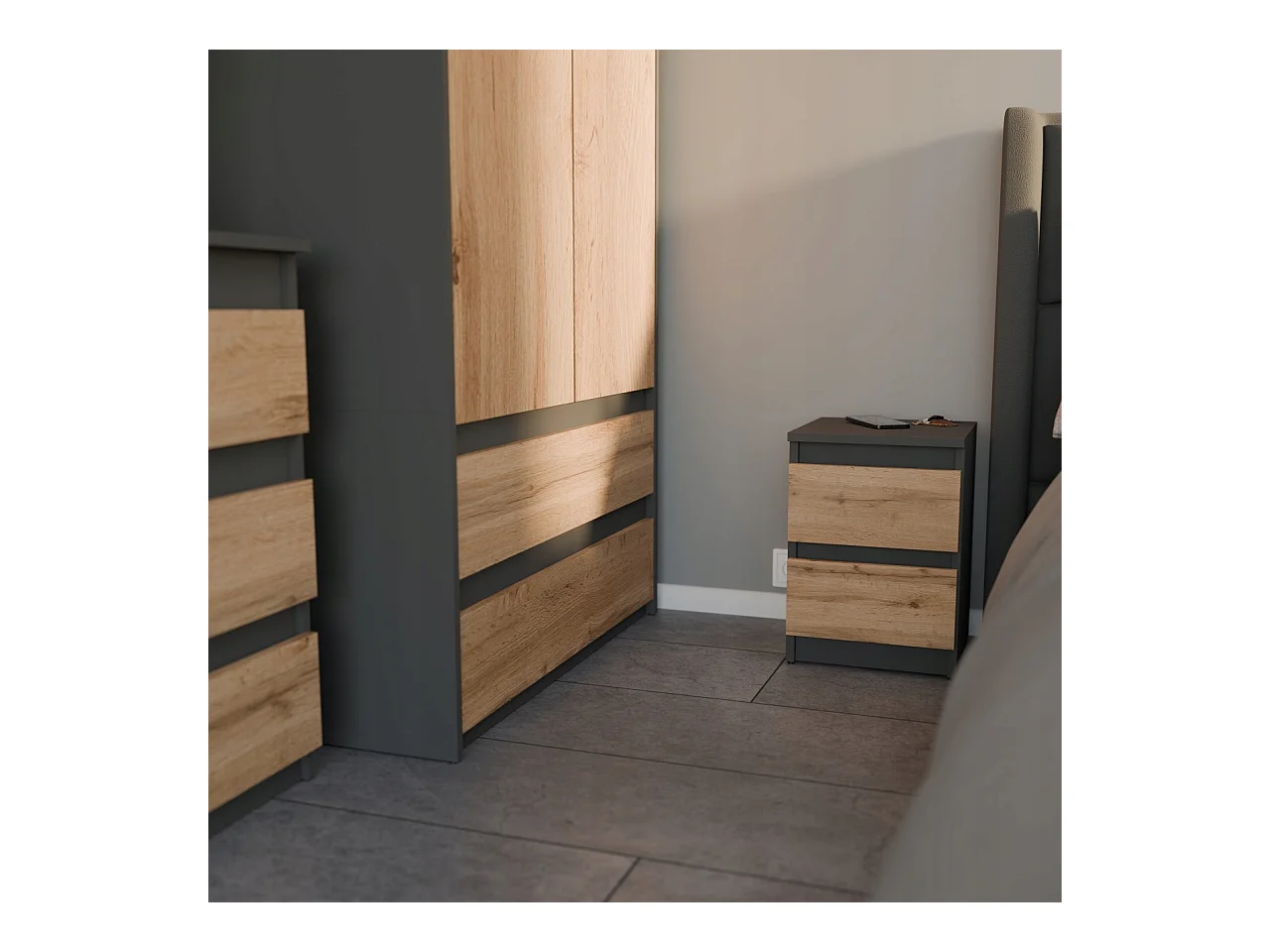 Table de chevet Gris/ Chêne Wotan 30x30x42CM 2 tiroirs-meuble de nuit pour chambre à coucher