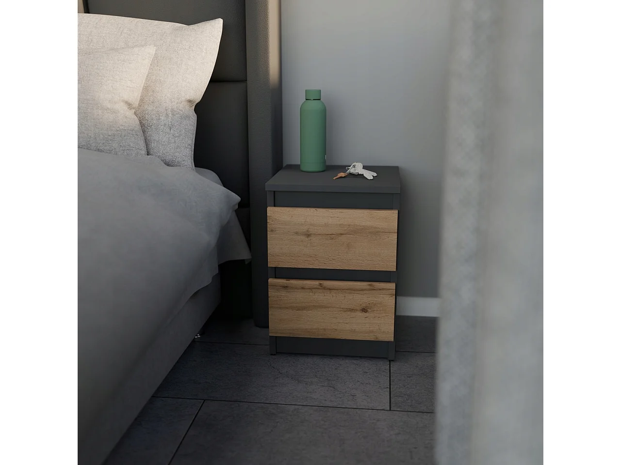 Table de chevet Gris/ Chêne Wotan 30x30x42CM 2 tiroirs-meuble de nuit pour chambre à coucher