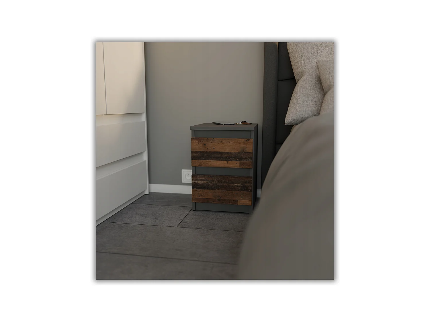 Table de chevet Gris + OLD Vintage 30x30x42CM 2 tiroirs -meuble de nuit pour chambre à coucher loft