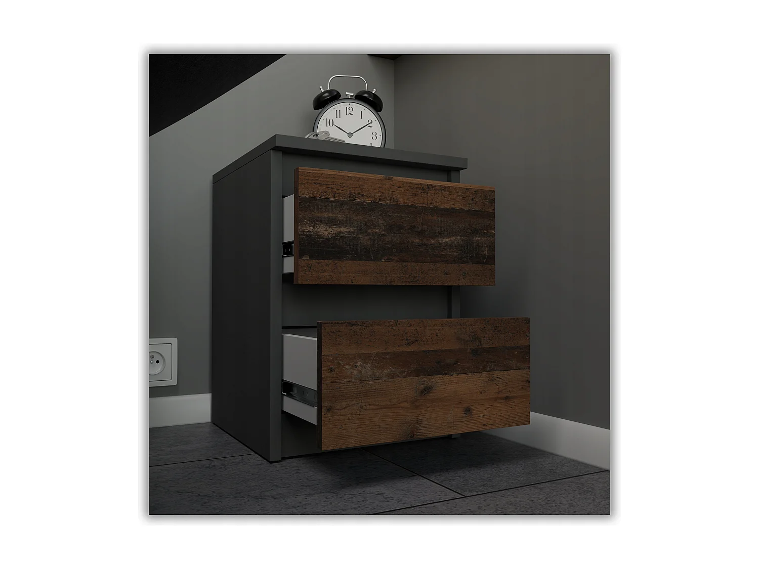 Table de chevet Gris + OLD Vintage 30x30x42CM 2 tiroirs -meuble de nuit pour chambre à coucher loft