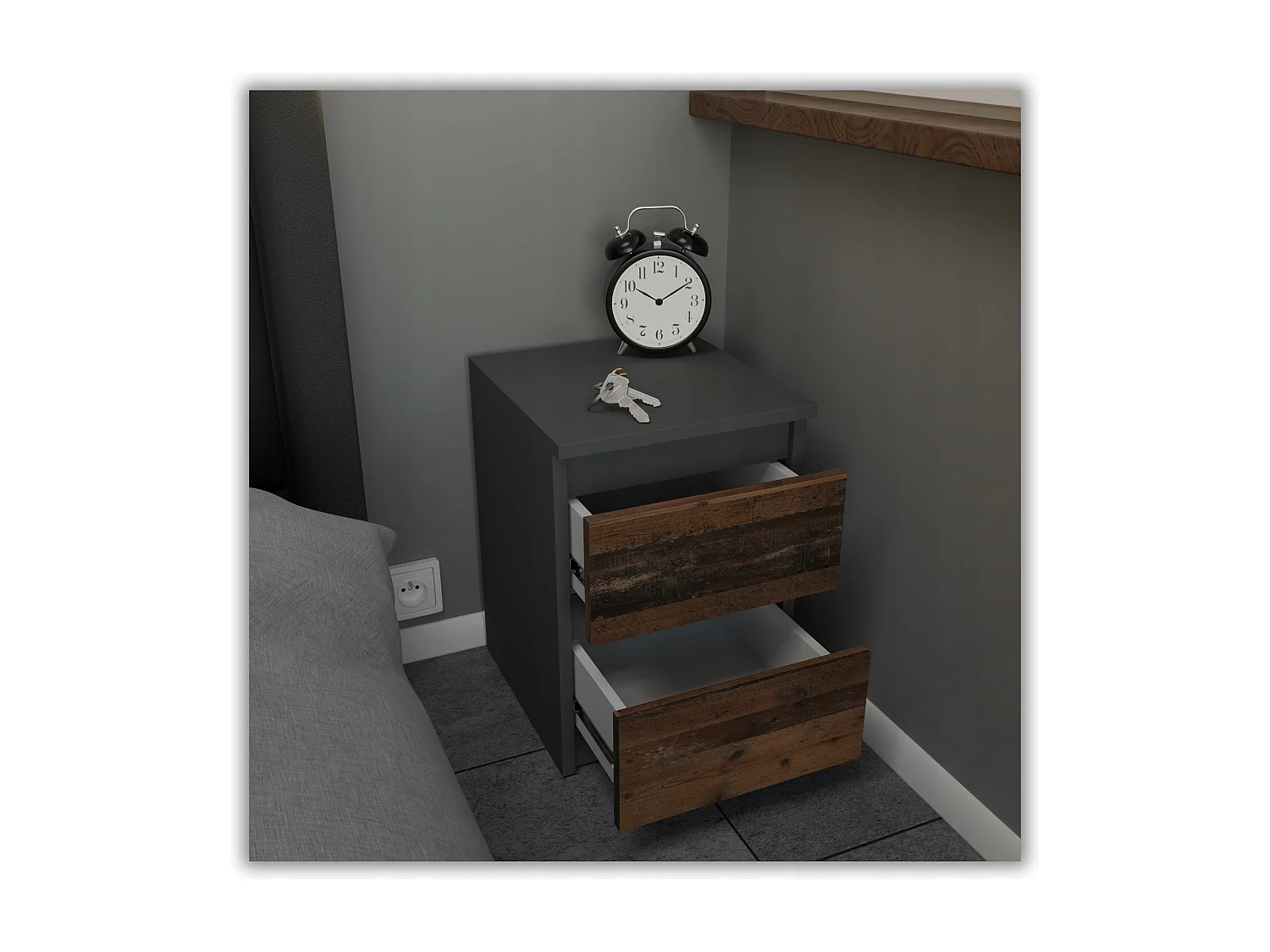 Table de chevet Gris + OLD Vintage 30x30x42CM 2 tiroirs -meuble de nuit pour chambre à coucher loft