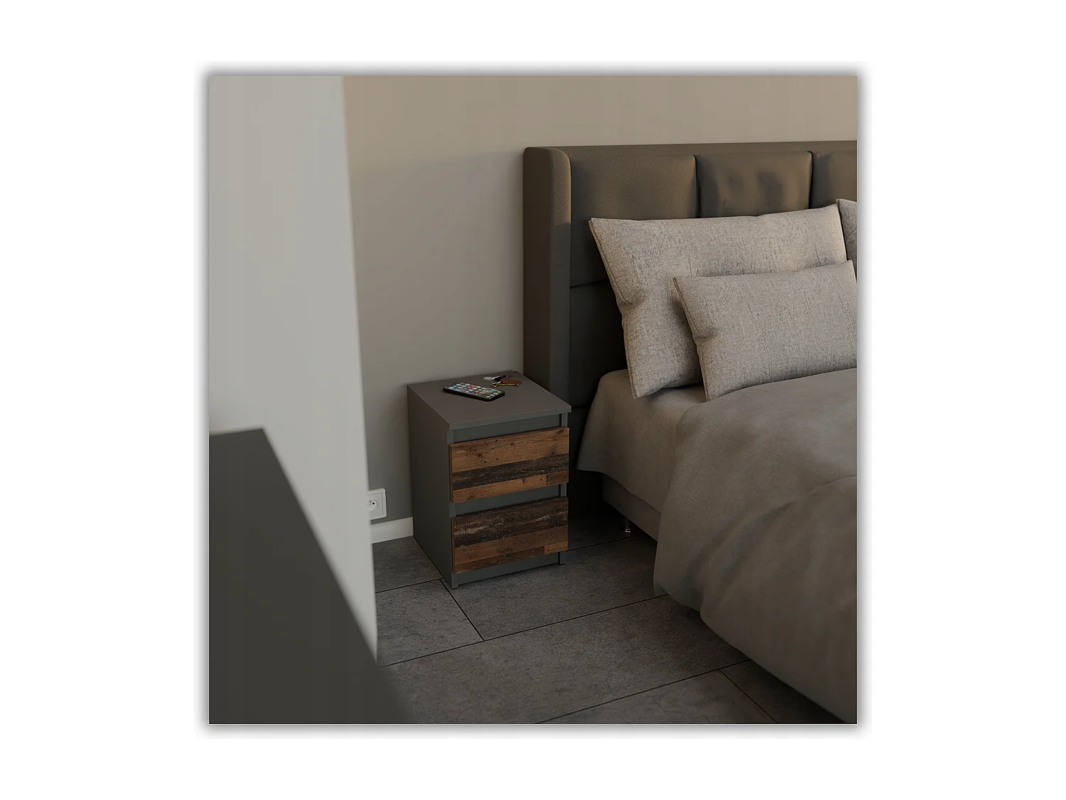 Table de chevet Gris + OLD Vintage 30x30x42CM 2 tiroirs -meuble de nuit pour chambre à coucher loft