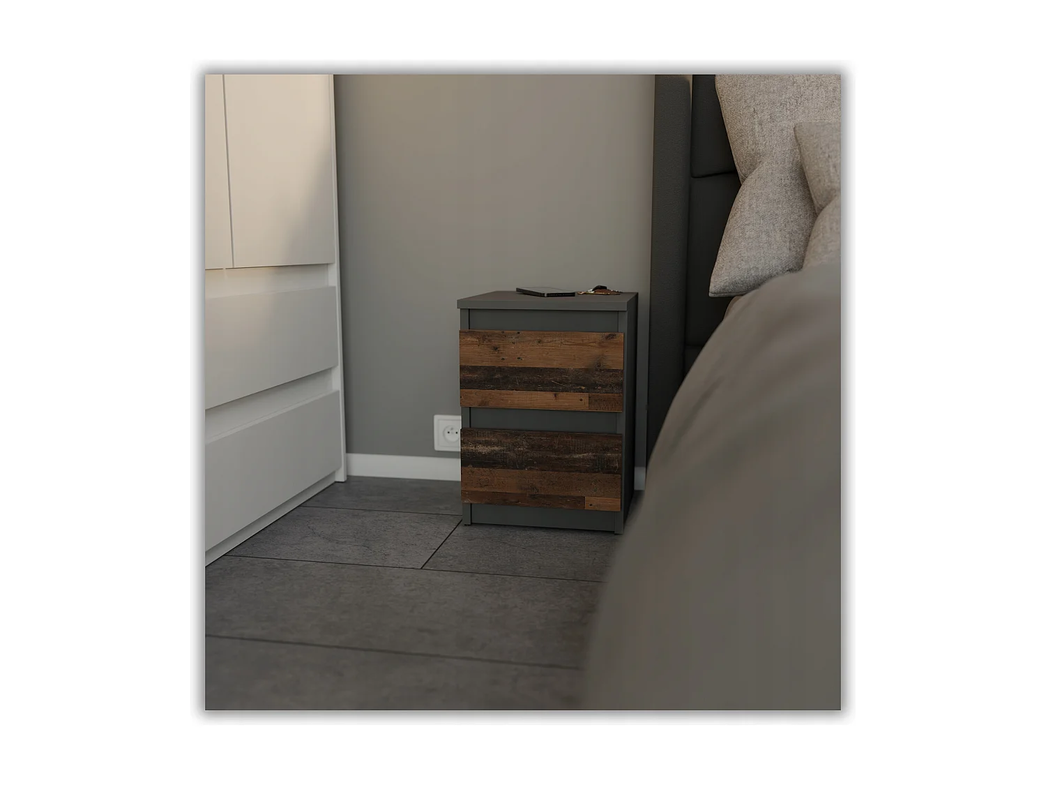 Nachtkastje Grijs + OLD Vintage 30x30x42CM 2 laden - nachtkastje meubels voor loft slaapkamer