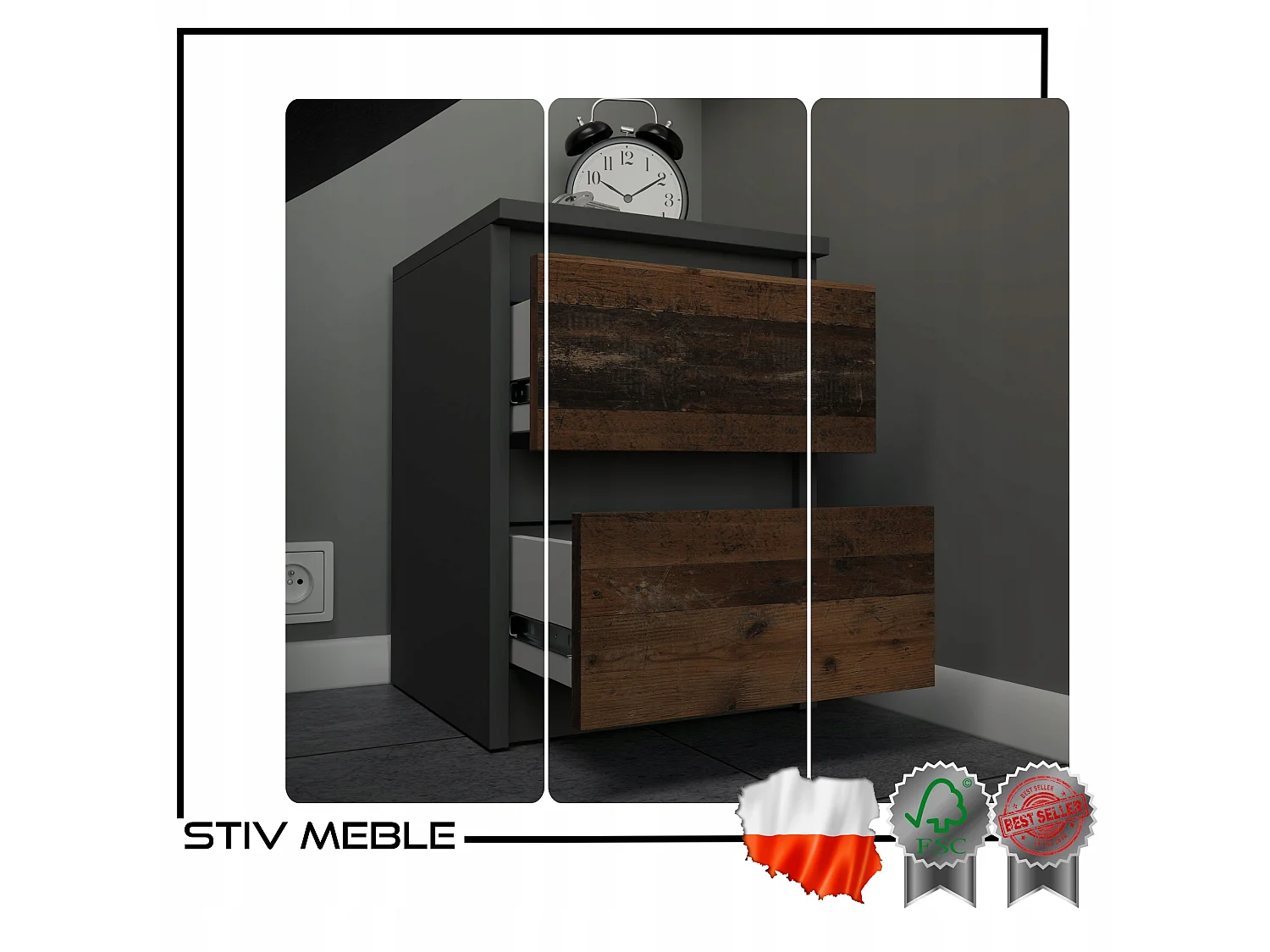 Szafka Nocna Stiv-Meble 2 Szuflady 30 CM Szary Mat Old Style 30x30x40 CM 1szt.